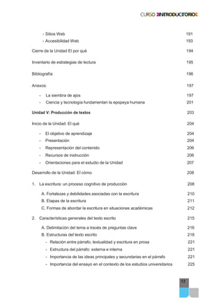 13
- Sitios Web 191
- Accesibilidad Web 193
Cierre de la Unidad El por qué 194
Inventario de estrategias de lectura 195
Bibliografía 196
Anexos: 197
- La siembra de ajos 197
- Ciencia y tecnología fundamentan la epopeya humana 201
Unidad V: Producción de textos 203
Inicio de la Unidad: El qué 204
- El objetivo de aprendizaje 204
- Presentación 204
- Representación del contenido 206
- Recursos de instrucción 206
- Orientaciones para el estudio de la Unidad 207
Desarrollo de la Unidad: El cómo 208
1. La escritura: un proceso cognitivo de producción 208
A. Fortalezas y debilidades asociadas con la escritura 210
B. Etapas de la escritura 211
C. Formas de abordar la escritura en situaciones académicas 212
2. Características generales del texto escrito 215
A. Delimitación del tema a través de preguntas clave 216
B. Estructuras del texto escrito 218
- Relación entre párrafo, textualidad y escritura en prosa 221
- Estructura del párrafo: externa e interna 221
- Importancia de las ideas principales y secundarias en el párrafo 221
- Importancia del ensayo en el contexto de los estudios universitarios 225
 