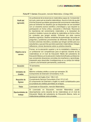 Ficha Nº 7. Carrera: Educación, mención Matemática (Código 508)
135
Perfil del
egresado
Un profesional de la docencia en matemática capaz de: Comprender
por qué y para qué se enseña matemáticas. Asumir el reto de ayudar
aformarjóvenes quedeben apropiarse delconocimiento matemático,
para así enfrentar los desafíos que se desprenden de una sociedad
con un creciente avance científico y tecnológico y que requiere su
participación en forma crítica, consciente e informada. Reconocer
la importancia del conocimiento matemático y la necesidad de
construir modelos nuevos de aplicar la matemática en forma crítica
en contextos que tengan sentido. Enfrentar con éxito nuevos
desafíos cognitivos. Diseñar ambientes de aprendizaje, fecundos en
preguntas y problemas provenientes de diferentes áreas del saber
humano (ciencias naturales y sociales) que tengan sentido para sus
estudiantes y que permita que éstos aprendan matemáticas. Indagar,
reflexionar y tomar decisiones sobre su práctica docente.
Objetivo de la
carrera
Formar, en la educación superior y en la modalidad a distancia, a
un profesional con competencias para el ejercicio docente de las
matemáticas en el nivel de Educación Media del subsistema de
Educación Básica y en la educación media diversificada y profesional,
que comprenda situaciones concretas de enseñanza y aprendizaje,
preparado para desarrollar investigaciones en su campo de trabajo
y asumir una formación permanente y autónoma.
Duración 10 semestres.
Unidades de
Crédito
165
Máximo unidades crédito a cursar por semestre: 20.
Componente de Extensión Universitaria: 8 UC.
Requisito de
Egreso
Aprobación del Inglés (Cod. 108) 3 UC.
Cumplimiento Servicio Comunitario (Cod. 011) 3 UC.
El componente de Extensión e Inglés no serán contabilizados para
la sumatoria de créditos permitidos en el lapso.
Título Licenciado en Educación, mención Matemática.
Oportunidades de
trabajo
El Licenciado en Educación, mención Matemática puede
desempeñarse como docente de las matemáticas en el nivel de
Educación Media del subsistema de Educación Básica, tanto en
instituciones públicas como privadas.
 