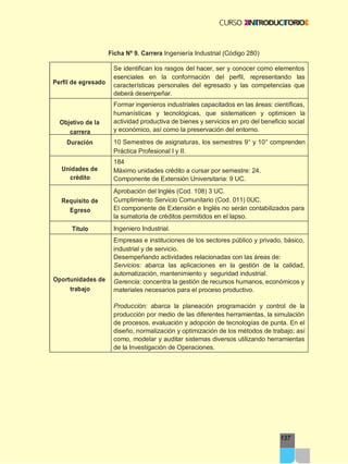 Ficha Nº 9. Carrera Ingeniería Industrial (Código 280)
137
Perfil de egresado
Se identifican los rasgos del hacer, ser y conocer como elementos
esenciales en la conformación del perfil, representando las
características personales del egresado y las competencias que
deberá desempeñar.
Objetivo de la
carrera
Formar ingenieros industriales capacitados en las áreas: científicas,
humanísticas y tecnológicas, que sistematicen y optimicen la
actividad productiva de bienes y servicios en pro del beneficio social
y económico, así como la preservación del entorno.
Duración 10 Semestres de asignaturas, los semestres 9° y 10° comprenden
Práctica Profesional I y II.
Unidades de
crédito
184
Máximo unidades crédito a cursar por semestre: 24.
Componente de Extensión Universitaria: 9 UC.
Requisito de
Egreso
Aprobación del Inglés (Cod. 108) 3 UC.
Cumplimiento Servicio Comunitario (Cod. 011) 0UC.
El componente de Extensión e Inglés no serán contabilizados para
la sumatoria de créditos permitidos en el lapso.
Título Ingeniero Industrial.
Oportunidades de
trabajo
Empresas e instituciones de los sectores público y privado, básico,
industrial y de servicio.
Desempeñando actividades relacionadas con las áreas de:
Servicios: abarca las aplicaciones en la gestión de la calidad,
automatización, mantenimiento y seguridad industrial.
Gerencia: concentra la gestión de recursos humanos, económicos y
materiales necesarios para el proceso productivo.
Producción: abarca la planeación programación y control de la
producción por medio de las diferentes herramientas, la simulación
de procesos, evaluación y adopción de tecnologías de punta. En el
diseño, normalización y optimización de los métodos de trabajo; así
como, modelar y auditar sistemas diversos utilizando herramientas
de la Investigación de Operaciones.
 