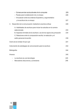 - Consecuencias socioculturales de la conquista 225
- Pautas para la elaboración de un ensayo 226
- Vinculación entre los órdenes Expositivo y argumentativo
y la escritura de un ensayo 227
3. Desarrollo de la comunicación mediante la escritura eficaz 228
A. Habilidades de escritura para iniciar los estudios en la carrera
seleccionada 233
B. Aspectos formales de la escritura: uso de los signos de puntuación 234
C. Relaciones entre la composición escrita, la redacción y el
estilo personal al escribir 239
Cierre de la Unidad: El por qué 241
Instrumento de estrategias de comunicación para la escritura 242
Bibliografía 244
Anexos: 245
- La escritura es una tecnología 245
- Marcadores discursivos y conectores 246
14
 