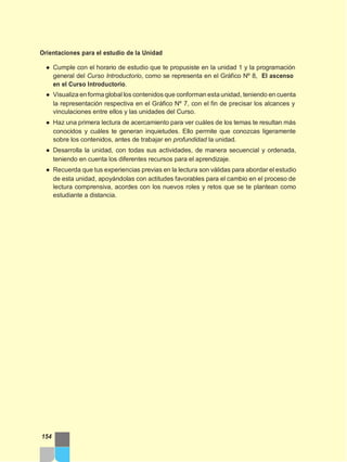 Orientaciones para el estudio de la Unidad
● Cumple con el horario de estudio que te propusiste en la unidad 1 y la programación
general del Curso Introductorio, como se representa en el Gráfico Nº 8, El ascenso
en el Curso Introductorio.
● Visualiza en forma global los contenidos que conforman esta unidad, teniendo en cuenta
la representación respectiva en el Gráfico Nº 7, con el fin de precisar los alcances y
vinculaciones entre ellos y las unidades del Curso.
● Haz una primera lectura de acercamiento para ver cuáles de los temas te resultan más
conocidos y cuáles te generan inquietudes. Ello permite que conozcas ligeramente
sobre los contenidos, antes de trabajar en profundidad la unidad.
● Desarrolla la unidad, con todas sus actividades, de manera secuencial y ordenada,
teniendo en cuenta los diferentes recursos para el aprendizaje.
● Recuerda que tus experiencias previas en la lectura son válidas para abordar el estudio
de esta unidad, apoyándolas con actitudes favorables para el cambio en el proceso de
lectura comprensiva, acordes con los nuevos roles y retos que se te plantean como
estudiante a distancia.
154
 