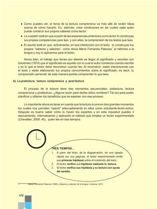 ● Como puedes ver, el tema de la lectura comprensiva va más allá de recibir ideas
acerca de cómo hacerlo. Es, además, crear condiciones en las cuales cada quien
puede construir sus propios saberes como lector.
● La cuestión está en que a partir de las experiencias anteriores como lector tú construyas
tus propias competencias para leer, y con ellas, la comprensión de los textos que lees.
● El asunto está en que, activamente, en esa interacción con el texto, tú construyas tus
propios “saberes y sabores”, como decía María Fernanda Palacios1
al referirse a la
lengua y hoy lo aplicamos para el lector.
Ahora bien, el trabajo que tienes por delante es llegar al significado y recordar con
Goodman (1974) que el significado es aquello con lo cual el autor comienza cuando escribe
y es lo que el lector debe reconstruir cuando lee. Al reconstruir, estás interactuando con
el texto y estás elaborando tus propios conocimientos sobre el significado, es decir, tu
comprensión personal; de esta manera podrás comprender lo que lees.
b) La prelectura, lectura comprensiva y post-lectura
El proceso de la lectura tiene tres momentos secuenciales: prelectura, lectura
comprensiva y postlectura. ¿Alguna razón para darles estos nombres? Tal vez para poder
planificar y obtener los beneficios que se esperan con ese proceso.
Lo importante ahora es tener en cuenta que la lectura ocurre en tres grandes momentos
los cuales nos permiten “operar” adecuadamente en ellos como estudiante-lector-activo.
Después es bueno saber cómo lo hacen los expertos y en esta inquietud puedes ir
descubriendo, internalizando y aplicando el método que emplea un lector experimentado
(Chevallier, 2000: 45), quien lee en tres tiempos:
TRES TIEMPOS…
1. A partir del título, de la diagramación, de una ojeada
rápida por sus páginas, el lector experimentado emite
sus primeras hipótesis sobre el contenido del texto.
2. El lector verifica sus hipótesis mediante la lectura.
3. El lector verifica sus hipótesis y su lectura con ayuda
del sentido.
1 María Fernanda Palacios (1989). Saberes y sabores de la lengua. Caracas: UCV
172
 