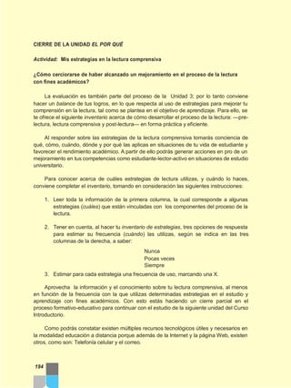 CIERRE DE LA UNIDAD EL POR QUÉ
Actividad: Mis estrategias en la lectura comprensiva
¿Cómo cerciorarse de haber alcanzado un mejoramiento en el proceso de la lectura
con fines académicos?
La evaluación es también parte del proceso de la Unidad 3; por lo tanto conviene
hacer un balance de tus logros, en lo que respecta al uso de estrategias para mejorar tu
comprensión en la lectura, tal como se plantea en el objetivo de aprendizaje. Para ello, se
te ofrece el siguiente inventario acerca de cómo desarrollar el proceso de la lectura: —pre-
lectura, lectura comprensiva y post-lectura— en forma práctica y eficiente.
Al responder sobre las estrategias de la lectura comprensiva tomarás conciencia de
qué, cómo, cuándo, dónde y por qué las aplicas en situaciones de tu vida de estudiante y
favorecer el rendimiento académico. A partir de ello podrás generar acciones en pro de un
mejoramiento en tus competencias como estudiante-lector-activo en situaciones de estudio
universitario.
Para conocer acerca de cuáles estrategias de lectura utilizas, y cuándo lo haces,
conviene completar el inventario, tomando en consideración las siguientes instrucciones:
1. Leer toda la información de la primera columna, la cual corresponde a algunas
estrategias (cuáles) que están vinculadas con los componentes del proceso de la
lectura.
2. Tener en cuenta, al hacer tu inventario de estrategias, tres opciones de respuesta
para estimar su frecuencia (cuándo) las utilizas, según se indica en las tres
columnas de la derecha, a saber:
Nunca
Pocas veces
Siempre
3. Estimar para cada estrategia una frecuencia de uso, marcando una X.
Aprovecha la información y el conocimiento sobre tu lectura comprensiva, al menos
en función de la frecuencia con la que utilizas determinadas estrategias en el estudio y
aprendizaje con fines académicos. Con esto estás haciendo un cierre parcial en el
proceso formativo-educativo para continuar con el estudio de la siguiente unidad del Curso
Introductorio.
Como podrás constatar existen múltiples recursos tecnológicos útiles y necesarios en
la modalidad educación a distancia porque además de la Internet y la página Web, existen
otros, como son: Telefonía celular y el correo.
194
 