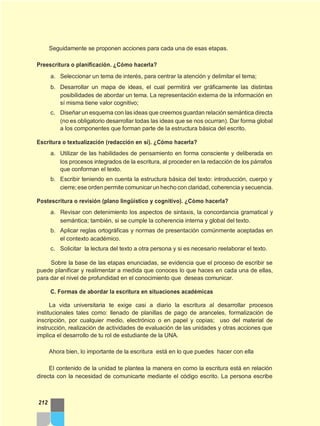 Seguidamente se proponen acciones para cada una de esas etapas.
Preescritura o planificación. ¿Cómo hacerla?
a. Seleccionar un tema de interés, para centrar la atención y delimitar el tema;
b. Desarrollar un mapa de ideas, el cual permitirá ver gráficamente las distintas
posibilidades de abordar un tema. La representación externa de la información en
sí misma tiene valor cognitivo;
c. Diseñar un esquema con las ideas que creemos guardan relación semántica directa
(no es obligatorio desarrollar todas las ideas que se nos ocurran). Dar forma global
a los componentes que forman parte de la estructura básica del escrito.
Escritura o textualización (redacción en sí). ¿Cómo hacerla?
a. Utilizar de las habilidades de pensamiento en forma consciente y deliberada en
los procesos integrados de la escritura, al proceder en la redacción de los párrafos
que conforman el texto.
b. Escribir teniendo en cuenta la estructura básica del texto: introducción, cuerpo y
cierre; ese orden permite comunicar un hecho con claridad, coherencia y secuencia.
Postescritura o revisión (plano lingüístico y cognitivo). ¿Cómo hacerla?
a. Revisar con detenimiento los aspectos de sintaxis, la concordancia gramatical y
semántica; también, si se cumple la coherencia interna y global del texto.
b. Aplicar reglas ortográficas y normas de presentación comúnmente aceptadas en
el contexto académico.
c. Solicitar la lectura del texto a otra persona y si es necesario reelaborar el texto.
Sobre la base de las etapas enunciadas, se evidencia que el proceso de escribir se
puede planificar y realimentar a medida que conoces lo que haces en cada una de ellas,
para dar el nivel de profundidad en el conocimiento que deseas comunicar.
C. Formas de abordar la escritura en situaciones académicas
La vida universitaria te exige casi a diario la escritura al desarrollar procesos
institucionales tales como: llenado de planillas de pago de aranceles, formalización de
inscripción, por cualquier medio, electrónico o en papel y copias; uso del material de
instrucción, realización de actividades de evaluación de las unidades y otras acciones que
implica el desarrollo de tu rol de estudiante de la UNA.
Ahora bien, lo importante de la escritura está en lo que puedes hacer con ella
El contenido de la unidad te plantea la manera en como la escritura está en relación
directa con la necesidad de comunicarte mediante el código escrito. La persona escribe
212
 