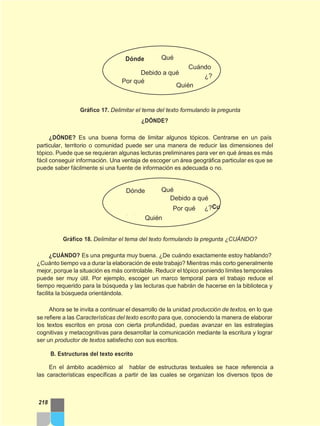 ¿?
Quién
¿?Cu
ándo
Dónde Qué
Cuándo
Debido a qué
Por qué
Gráfico 17. Delimitar el tema del texto formulando la pregunta
¿DÓNDE?
¿DÓNDE? Es una buena forma de limitar algunos tópicos. Centrarse en un país
particular, territorio o comunidad puede ser una manera de reducir las dimensiones del
tópico. Puede que se requieran algunas lecturas preliminares para ver en qué áreas es más
fácil conseguir información. Una ventaja de escoger un área geográfica particular es que se
puede saber fácilmente si una fuente de información es adecuada o no.
Dónde Qué
Debido a qué
Por qué
Quién
Gráfico 18. Delimitar el tema del texto formulando la pregunta ¿CUÁNDO?
¿CUÁNDO? Es una pregunta muy buena. ¿De cuándo exactamente estoy hablando?
¿Cuánto tiempo va a durar la elaboración de este trabajo? Mientras más corto generalmente
mejor, porque la situación es más controlable. Reducir el tópico poniendo límites temporales
puede ser muy útil. Por ejemplo, escoger un marco temporal para el trabajo reduce el
tiempo requerido para la búsqueda y las lecturas que habrán de hacerse en la biblioteca y
facilita la búsqueda orientándola.
Ahora se te invita a continuar el desarrollo de la unidad producción de textos, en lo que
se refiere a las Características del texto escrito para que, conociendo la manera de elaborar
los textos escritos en prosa con cierta profundidad, puedas avanzar en las estrategias
cognitivas y metacognitivas para desarrollar la comunicación mediante la escritura y lograr
ser un productor de textos satisfecho con sus escritos.
B. Estructuras del texto escrito
En el ámbito académico al hablar de estructuras textuales se hace referencia a
las características específicas a partir de las cuales se organizan los diversos tipos de
218
 