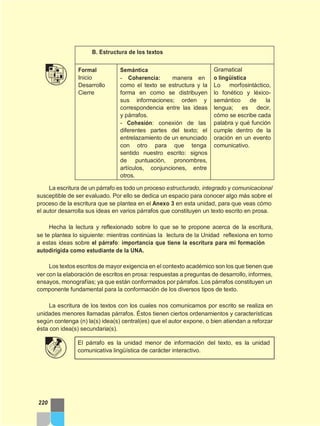 La escritura de un párrafo es todo un proceso estructurado, integrado y comunicacional
susceptible de ser evaluado. Por ello se dedica un espacio para conocer algo más sobre el
proceso de la escritura que se plantea en el Anexo 3 en esta unidad, para que veas cómo
el autor desarrolla sus ideas en varios párrafos que constituyen un texto escrito en prosa.
Hecha la lectura y reflexionado sobre lo que se te propone acerca de la escritura,
se te plantea lo siguiente: mientras continúas la lectura de la Unidad reflexiona en torno
a estas ideas sobre el párrafo: importancia que tiene la escritura para mi formación
autodirigida como estudiante de la UNA.
Los textos escritos de mayor exigencia en el contexto académico son los que tienen que
ver con la elaboración de escritos en prosa: respuestas a preguntas de desarrollo, informes,
ensayos, monografías; ya que están conformados por párrafos. Los párrafos constituyen un
componente fundamental para la conformación de los diversos tipos de texto.
La escritura de los textos con los cuales nos comunicamos por escrito se realiza en
unidades menores llamadas párrafos. Éstos tienen ciertos ordenamientos y características
según contenga (n) la(s) idea(s) central(es) que el autor expone, o bien atiendan a reforzar
ésta con idea(s) secundaria(s).
El párrafo es la unidad menor de información del texto, es la unidad
comunicativa lingüística de carácter interactivo.
220
B. Estructura de los textos
Formal
Inicio
Desarrollo
Cierre
Semántica
- Coherencia: manera en
como el texto se estructura y la
forma en como se distribuyen
sus informaciones; orden y
correspondencia entre las ideas
y párrafos.
- Cohesión: conexión de las
diferentes partes del texto; el
entrelazamiento de un enunciado
con otro para que tenga
sentido nuestro escrito: signos
de puntuación, pronombres,
artículos, conjunciones, entre
otros.
Gramatical
o lingüística
Lo morfosintáctico,
lo fonético y léxico-
semántico de la
lengua; es decir,
cómo se escribe cada
palabra y qué función
cumple dentro de la
oración en un evento
comunicativo.
 