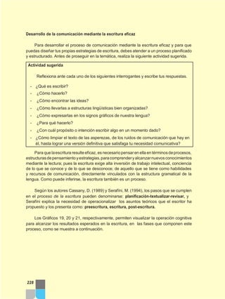 Desarrollo de la comunicación mediante la escritura eficaz
Para desarrollar el proceso de comunicación mediante la escritura eficaz y para que
puedas diseñar tus propias estrategias de escritura, debes atender a un proceso planificado
y estructurado. Antes de proseguir en la temática, realiza la siguiente actividad sugerida.
Actividad sugerida
Reflexiona ante cada uno de los siguientes interrogantes y escribe tus respuestas.
- ¿Qué es escribir?
- ¿Cómo hacerlo?
- ¿Cómo encontrar las ideas?
- ¿Cómo llevarlas a estructuras lingüísticas bien organizadas?
- ¿Cómo expresarlas en los signos gráficos de nuestra lengua?
- ¿Para qué hacerlo?
- ¿Con cuál propósito o intención escribir algo en un momento dado?
- ¿Cómo limpiar el texto de las asperezas, de los ruidos de comunicación que hay en
él, hasta lograr una versión definitiva que satisfaga tu necesidad comunicativa?
Para que laescritura resulteeficaz, es necesariopensaren ella en términosdeprocesos,
estructurasdepensamientoyestrategias,paracomprenderyalcanzarnuevosconocimientos
mediante la lectura; pues la escritura exige alta inversión de trabajo intelectual, conciencia
de lo que se conoce y de lo que se desconoce; de aquello que se tiene como habilidades
y recursos de comunicación, directamente vinculados con la estructura gramatical de la
lengua. Como puede inferirse, la escritura también es un proceso.
Según los autores Cassany, D. (1989) y Serafíni, M. (1994), los pasos que se cumplen
en el proceso de la escritura pueden denominarse: planificación-textualizar-revisar, y
Serafíni explica la necesidad de operacionalizar los asuntos teóricos que el escritor ha
propuesto y los presenta como: preescritura, escritura, post-escritura.
Los Gráficos 19, 20 y 21, respectivamente, permiten visualizar la operación cognitiva
para alcanzar los resultados esperados en la escritura, en las fases que componen este
proceso, como se muestra a continuación.
228
 