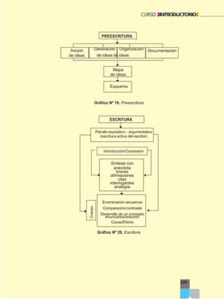 Cuerpo
Generación Organización Documentación
enunciados/solución
229
Acopio
de ideas
PREESCRITURA
de ideas de ideas
Mapa
de ideas
Esquema
Gráfico Nº 19. Preescritura
ESCRITURA
Párrafo expositivo - argumentativo
(escritura activa del escritor)
Introducción/Conclusión
Síntesis con
anécdota
breves
afirmaciones
citas
interrogantes
analogía
Enumeración secuencia
Comparación/contraste
Desarrollo de un concepto
Causa/Efecto
Gráfico Nº 20. Escritura
 