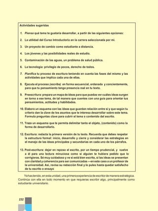 Actividades sugeridas
1. Piensa qué tema te gustaría desarrollar, a partir de las siguientes opciones:
2. La utilidad del Curso Introductorio en la carrera seleccionada por mi.
3. Un proyecto de cambio como estudiante a distancia.
4. Los jóvenes y las posibilidades reales de estudio.
5. Contaminación de las aguas, un problema de salud pública.
6. La tecnología: privilegio de pocos, derecho de todos.
7. Planifica tu proceso de escritura teniendo en cuenta las fases del mismo y las
actividades que implica cada una de ellas.
8. Ejecuta el proceso (escribe) en forma secuencial, ordenada y concientemente,
para que tu pensamiento tenga presencia real en tu texto.
9. Preescritura: prepara un mapa de ideas para que puedas ver cuáles ideas surgen
en torno a ese tema, de tal manera que cuentes con una guía para orientar tus
pensamientos, actitudes y habilidades.
10. Elabora un esquema con las ideas que guardan relación entre sí y que según tu
criterio dan la clave de los asuntos que te interesa desarrollar sobre este tema.
Formula preguntas clave para cubrir el tema o contenido del escrito.
11. Traza un esquema que te permita delimitar tanto el objeto, (contenido) como la
forma de desarrollarlo.
12. Escritura: redacta la primera versión de tu texto. Recuerda que debes respetar
la estructura formal: inicio, desarrollo y cierre y considerar las estrategias en
el manejo de las ideas principales y secundarias en cada uno de los párrafos.
13. Post-escritura: dejar en reposo el escrito, por un tiempo prudencial, y vuelve
a él para una lectura minuciosa como si alguien te hubiera pedido que lo
corrigieras. Sé muy cuidadoso y ve si está bien escrito, si las ideas se presentan
con claridad y coherencia para ser comunicadas —en este caso a un profesor de
la universidad. Así, revisa su redacción final y lo pules hasta quedar satisfecho
de tu escrito o ensayo
Yahastenido,enestaunidad,unaprimeraexperienciadeescritordemaneraestratégica.
Continúa con ella en todo momento en que requieras escribir algo, principalmente como
estudiante universitario.
232
 