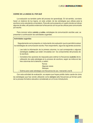 241
CIERRE DE LA UNIDAD EL POR QUÉ
La evaluación es también parte del proceso de aprendizaje. En tal sentido, conviene
hacer un balance de tus logros, en esta unidad, de las estrategias que utilizas para la
escritura como estudiante universitario. Para ello se te presenta un cuadro donde se indican
algunas de ellas; allí podrás evidenciar la frecuencia con la que las utilizas para comunicarte
por escrito.
Para conocer sobre cuándo y cuáles, estrategias de comunicación escritas usar, se
presentan a continuación las actividades sugeridas.
Actividades sugeridas
Seguidamente se te presenta un instrumento de evaluación que te permitirá evaluar
tus estrategias de comunicación escrita. Para responderlo, sigue las siguientes acciones:
- Lee toda la información de la primera columna, la cual corresponde a algunas
estrategias (cuáles) que están vinculadas con los componentes del proceso de
la escritura.
- Considera tres opciones de respuesta para estimar la frecuencia (cuándo) de la
utilización de cada estrategia en tu proceso de escritura, según se indica en las
tres columnas de la derecha, a saber:
Nunca
Algunas veces
Siempre
- Estima para cada estrategia una frecuencia de uso, marcando una X.
Con esta actividad de evaluación, se espera que hayas podido darte cuenta de cómo
las estrategias que has venido utilizando como siempre (alta frecuencia) ya forman parte
de tu proceso formativo educativo considerado en el Curso Introductorio.
 