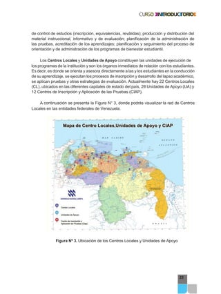 33
de control de estudios (inscripción, equivalencias, reválidas); producción y distribución del
material instruccional, informativo y de evaluación; planificación de la administración de
las pruebas, acreditación de los aprendizajes; planificación y seguimiento del proceso de
orientación y de administración de los programas de bienestar estudiantil.
Los Centros Locales y Unidades de Apoyo constituyen las unidades de ejecución de
los programas de la institución y son los órganos inmediatos de relación con los estudiantes.
Es decir, es donde se orienta y asesora directamente a las y los estudiantes en la conducción
de su aprendizaje, se ejecutan los procesos de inscripción y desarrollo del lapso académico,
se aplican pruebas y otras estrategias de evaluación. Actualmente hay 22 Centros Locales
(CL), ubicados en las diferentes capitales de estado del país, 28 Unidades de Apoyo (UA) y
12 Centros de Inscripción y Aplicación de las Pruebas (CIAP).
A continuación se presenta la Figura N° 3, donde podrás visualizar la red de Centros
Locales en las entidades federales de Venezuela.
Figura Nº 3. Ubicación de los Centros Locales y Unidades de Apoyo
 