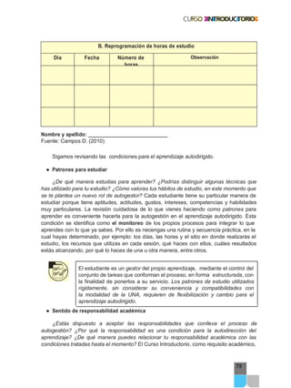 Nombre y apellido: ____________________________
75
Fuente: Campos D. (2010)
Sigamos revisando las condiciones para el aprendizaje autodirigido.
● Patrones para estudiar
¿De qué manera estudias para aprender? ¿Podrías distinguir algunas técnicas que
has utilizado para tu estudio? ¿Cómo valoras tus hábitos de estudio, en este momento que
se te plantea un nuevo rol de autogestor? Cada estudiante tiene su particular manera de
estudiar porque tiene aptitudes, actitudes, gustos, intereses, competencias y habilidades
muy particulares. La revisión cuidadosa de lo que vienes haciendo como patrones para
aprender es conveniente hacerla para la autogestión en el aprendizaje autodirigido. Esta
condición se identifica como el monitoreo de los propios procesos para integrar lo que
aprendes con lo que ya sabes. Por ello es necengas una rutina y secuencia práctica, en la
cual hayas determinado, por ejemplo: los días, las horas y el sitio en donde realizarás el
estudio, los recursos que utilizas en cada sesión, qué haces con ellos, cuáles resultados
estás alcanzando, por qué lo haces de una u otra manera, entre otros.
El estudiante es un gestor del propio aprendizaje, mediante el control del
conjunto de tareas que conforman el proceso, en forma estructurada, con
la finalidad de ponerlos a su servicio. Los patrones de estudio utilizados
rígidamente, sin considerar su conveniencia y compatibilidades con
la modalidad de la UNA, requieren de flexibilización y cambio para el
aprendizaje autodirigido.
● Sentido de responsabilidad académica
¿Estás dispuesto a aceptar las responsabilidades que conlleva el proceso de
autogestión? ¿Por qué la responsabilidad es una condición para la autodirección del
aprendizaje? ¿De qué manera puedes relacionar tu responsabilidad académica con las
condiciones tratadas hasta el momento? El Curso Introductorio, como requisito académico,
B. Reprogramación de horas de estudio
Día Fecha Número de
horas
Observación
 