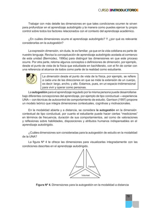 79
Trabajar con más detalle las dimensiones en que tales condiciones ocurren te sirven
para profundizar en el aprendizaje autodirigido y la manera como puedes ejercer tu propio
control sobre todos los factores relacionados con el contexto del aprendizaje académico.
¿En cuáles dimensiones ocurre el aprendizaje autodirigido? Y ¿por qué es relevante
considerarlas en la autogestión?
La expresión dimensión, sin duda, te es familiar, ya que en la vida cotidiana es parte de
nuestro lenguaje. Revisa la conceptuación de aprendizaje autodirigido acotada al comienzo
de esta unidad (Bermúdez, 1990a) para distinguir las dimensiones en que este proceso
ocurre. Por otra parte, retoma algunos conceptos o definiciones de dimensión, por ejemplo,
desde el punto de vista de la física que estudiaste en bachillerato, con el fin de contar con
una referencia al alcance de todos como parte de la realidad como estudiante.
La dimensión desde el punto de vista de la física, por ejemplo, se refiere
a cada una de las direcciones en que se mide la extensión de un cuerpo,
es decir: largo, ancho, y alto. Estamos, pues, en un espacio tridimensional
para vivir y operar como personas.
La autogestión para el aprendizaje regulado por la misma persona puede desarrollarse
bajo diferentes concepciones del aprendizaje, por ejemplo de tipo conductual —experiencia
UNA— con técnicas de autocontrol de comportamiento de estudio. Garrison (1997) propone
un modelo teórico que integra dimensiones contextuales, cognitivas y motivacionales.
En la modalidad abierta y a distancia, se considera la autogestión en la dimensión
contextual de tipo conductual, por cuanto el estudiante puede hacer ciertas “mediciones”
en términos de frecuencia, duración de sus comportamientos, así como de valoraciones
y reflexiones sobre habilidades, disposiciones y atributos humanos indispensables en el
aprendizaje autodirigido.
¿Cuáles dimensiones son consideradas para la autogestión de estudio en la modalidad
de la UNA?
La figura Nº 4 te ofrece las dimensiones para visualizarlas integradamente con las
condiciones descritas en el aprendizaje autodirigido.
Espacio Tiempo
Voluntad
Figura Nº 4. Dimensiones para la autogestión en la modalidad a distancia
 