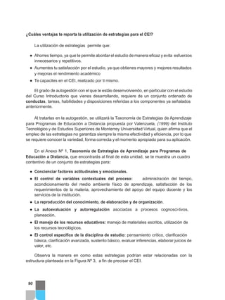 ¿Cuáles ventajas te reporta la utilización de estrategias para el CEI?
La utilización de estrategias permite que:
● Ahorres tiempo, ya que te permite abordar el estudio de manera eficaz y evita esfuerzos
innecesarios y repetitivos.
● Aumentes tu satisfacción por el estudio, ya que obtienes mayores y mejores resultados
y mejoras el rendimiento académico
● Te capacites en el CEI, realizado por ti mismo.
El grado de autogestión con el que te estás desenvolviendo, en particular con el estudio
del Curso Introductorio que vienes desarrollando, requiere de un conjunto ordenado de
conductas, tareas, habilidades y disposiciones referidas a los componentes ya señalados
anteriormente.
Al tratarlas en la autogestión, se utilizará la Taxonomía de Estrategias de Aprendizaje
para Programas de Educación a Distancia propuesta por Valenzuela, (1999) del Instituto
Tecnológico y de Estudios Superiores de Monterrey Universidad Virtual, quien afirma que el
empleo de las estrategias no garantiza siempre la misma efectividad y eficiencia, por lo que
se requiere conocer la variedad, forma correcta y el momento apropiado para su aplicación.
En el Anexo Nº 1, Taxonomía de Estrategias de Aprendizaje para Programas de
Educación a Distancia, que encontrarás al final de esta unidad, se te muestra un cuadro
contentivo de un conjunto de estrategias para:
● Concienciar factores actitudinales y emocionales.
● El control de variables contextuales del proceso: administración del tiempo,
acondicionamiento del medio ambiente físico de aprendizaje, satisfacción de los
requerimientos de la materia, aprovechamiento del apoyo del equipo docente y los
servicios de la institución.
● La reproducción del conocimiento, de elaboración y de organización.
● La autoevaluación y autorregulación asociadas a procesos cognosci-tivos,
planeación.
● El manejo de los recursos educativos: manejo de materiales escritos, utilización de
los recursos tecnológicos.
● El control específico de la disciplina de estudio: pensamiento crítico, clarificación
básica, clarificación avanzada, sustento básico, evaluar inferencias, elaborar juicios de
valor, etc.
Observa la manera en como estas estrategias podrían estar relacionadas con la
estructura planteada en la Figura Nº 3, a fin de precisar el CEI.
90
 