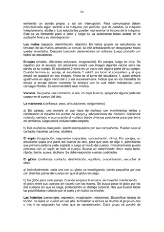 54
emitiendo un sonido propio, y así sin interrupción. Para comunicarse deben
proporcionarle algún sentido a la máquina, por ejemplo, que da patadas, la máquina
interplanetaria, etcétera. Los estudiantes pueden representar la historia de la máquina.
Esta se va formando poco a poco y luego se va acelerando hasta acabar en la
explosión final y su desintegración.
Los nudos (espacio, desinhibición, relación). En varios grupos los estudiantes se
tomarán de las manos armando un círculo, se irán entrelazando sin despegarse hasta
quedar enredados. Después buscarán desenredarse sin soltarse. Luego probarlo con
todos los estudiantes.
Encajes (niveles, diferentes esfuerzos, imaginación). En parejas, luego en tríos. Se
reparten por el espacio. Un estudiante creará una imagen dejando vacíos entre las
partes de su cuerpo. El estudiante 2 entra en un vacío con alguna parte de su cuerpo.
Cuando termine su encaje, el estudiante 1 saldrá sin tocar al compañero y el que
encajó se quedará en esa imagen. Ahora es el turno del estudiante 1, quien entrará
igualmente en algún vacío del 2 y así sucesivamente. Indicar que en los traslados de
encaje a encaje deben mantener la energía con la cual están trabajando, para
conseguir fluidez. Es recomendable usar música.
Variante. Se puede usar contactos, o sea, no dejar huecos, apoyando alguna parte del
cuerpo en el cuerpo del otro.
La marioneta (confianza, peso, articulaciones, relajamiento).
a) En parejas, uno moverá al que hace de muñeco con movimientos lentos y
controlando al máximo los puntos de apoyo y articulaciones del muñeco. Comenzar
rodando, sentado o acurrucando al muñeco desde diversas posiciones para que entre
en confianza, luego podrá incluso hasta cargarlo.
b) Dos muñecos dialogarán, siendo manipulados por sus compañeros. Pueden usar el
contacto, hacerlos caminar, etcétera.
El soplo (imaginación, segmentos corporales, concentración, ritmo). Por parejas, un
estudiante sopla una parte del cuerpo de otro, para que este se deje ir, permitiendo
que primero parta la parte soplada y luego el res-to del cuerpo. Posteriormente puede
probarse con un soplo en todo el cuerpo. Buscar un determinado ritmo: soplo lento,
rápido, fuerte, suave, etcétera. Se debe responder a estas cualidades.
El globo (confianza, contacto, desinhibición, equilibrio, concentración, escuchar al
otro)
a) Individualmente, cada uno con su globo va investigando, dando pequeños gol-pes
con distintas partes del cuerpo sin que el globo se caiga.
b) Un globo para cada pareja. Cuando empiece la música, se moverán manteniendo
el globo entre sus cuerpos sin tocarlo con las manos. Se busca pasar el globo por los
dos cuerpos sin que se caiga, produciendo un dialogo corporal. Hay que buscar todas
las posibilidades rodando por el suelo y en todos los niveles.
Las historias (personajes, expresión, imaginación, relaciones). Escenificar relatos de
ficción. Se leerá un cuento en voz alta. Al finalizar la lectura se dividirá al grupo en dos
o tres y se asignarán los roles que se representarán. Cada grupo se pondrá de
 