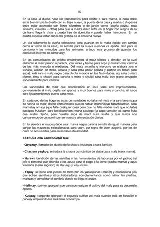 80
En la casa la dueña hace los preparativos para recibir a sara mama, la casa debe
estar bien limpia la dueña con su traje nuevo, la puerta de la casa y marka o dispensa
debe estar adornado con flores silvestres o de jardín como (puyñu puyñu, rosa
silvestre, claveles u otros) para que la madre maíz entre en el hogar con alegría de lo
contrario llegaría triste y pueda irse de domicilio y puede haber hambruna. En un
cuarto especial están todos los granos de la cosecha nueva.
Un día solamente la dueña selecciona para guardar en la maka (tejido con carrizo
cerca al techo de la casa), la semilla para la nueva siembra va aparte, otro para el
consumo y los menudos para los animales, a todo este proceso de guardar los
productos nuevos se llama taqiy.
En las comunidades de chicha encontramos el maíz blanco o almidón de la cual
elaboran el maíz pelado o patachi, jora, mote y harina para sopa y mazamorra, cancha
de los más menudo o medianos. Del maíz amarillo o morocho se elabora jora o
wiñapu, utilizan en mote, ulpada y sara pela (maíz pelado y partido en batán para
sopa), kulli sara o maíz negro para chicha morada en las festividades, uqi sara o maíz
plomo, sintu o chqchi para cancha o mote y chullpi sara maíz con grano arrugado
especialmente para cancha.
Las variedades de maíz que encontramos en este valle son impresionantes,
generalmente el maíz orqilla son granos y muy buenos para mote y cancha, el lunqu
sara igualmente muy bueno para mote.
En cada uno de los hogares estas comunidades no faltan el mote y la sara lawa (sopa
de harina de maiz) donde comúnmente suelen hablar imanchikpas faltachkachun, sara
mamallay amaqa (que falte cualquier cosa pero que no falte madre maíz que no falte)
papapas frutallam sara lawallanchikmi mana tukuqqa (la papa también es como fruta
que acaba rápido, pero nuestra sopa de maíz nuca acaba y que nunca nos
cansaremos de consumir por ser nuestra alimentación diaria).
En la siembra el muquq debe usar manta negra para la semilla de igual manera para
cargar las mazorcas seleccionados para taqiy, por signo de buen augurio, por los de
color no son usadas para estas fases de actividad.
ESTRUCTURA COREOGRÁFICA:
- Qayakuy, llamado del dueño de la chacra invitando a sara llamkay.
- Chacram yagkuy, entrada a la chacra con cántico de alabanza a maíz (sara mama).
- Harawi, bendición de las semillas y las herramientas de labranza por el yachaq (el
jefe o persona que ofrenda a los apus) para el pago a la tierra (pacha mama) y apus
wamanis (cerro sagrado) de illa urqu y wayuncani.
- Yapuy, se inicia con yuntas de toros por los yapuqkunas (arador) y muquqkuna (los
que echan semilla) y otros trabajadores complementarios como retirar las piedras,
malezas y completar el sembrío donde no llego el arado.
- Hallmay, (primer aporque) con canticos realizan el cultivo del maíz para su desarrollo
óptimo.
- Kutipay, (segundo aporque) el segundo cultivo del maíz cuando está en floración o
parway empleando las raukanas con lampa.
 
