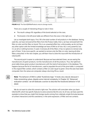 76 The Deﬁnitive Guide to DAX
FIGURE 4-12 The NumOfAllRedProducts returns strange results.
There are a couple of interesting things to note in here:
■ The result is always 99, regardless of the brand selected on the rows.
■ The brands in the left pivot table are different from the ones in the right one.
Let us investigate both topics. First, 99 is the total number of red products in the database. Having
used ALL, we have removed all the ﬁlters from the Product table, that is, we have removed both the
ﬁlter on color and the ﬁlter on brand. This is an unwanted effect but, unfortunately, we do not have
any other option with the limited knowledge we have of DAX as of now. ALL is very powerful, but
it is an all-or-nothing function: if used, it removes all of the ﬁlters; it has no options to remove only
part of them. To be more speciﬁc, we wanted to remove only the ﬁlter on color, leaving all other
ﬁlters untouched. In the next chapter, you will learn how to solve this issue with the introduction of
CALCULATE.
The second point is easier to understand: Because we have selected Green, we are seeing the
manufacturers of green products, not the manufacturers of all the products. Thus, the rightmost
pivot table shows green product manufacturers with the total of red products in the database. This
happens because the list of manufacturers, used to populate the axis of the pivot table, is computed
in the original ﬁlter context, which contains a ﬁlter on color equal to green. Once the axes have been
computed, then the values are computed, always returning 99 as a result.
Note This behavior of DAX is called “AutoExists logic.” It looks very natural, because it
hides nonexisting values, despite some internal complexity. In Chapter 10, “Advanced
evaluation context,” we will dedicate a section to describe the AutoExists behavior in full
detail.
We do not want to solve this scenario right now. The solution will come later when you learn
CALCULATE, which has speciﬁc features to solve scenarios like this one. As of now, we have used this
example to show that you might ﬁnd strange results coming from relatively simple formulas because
of context interactions and the coexistence, in the same expression, of ﬁlter and row contexts.
 