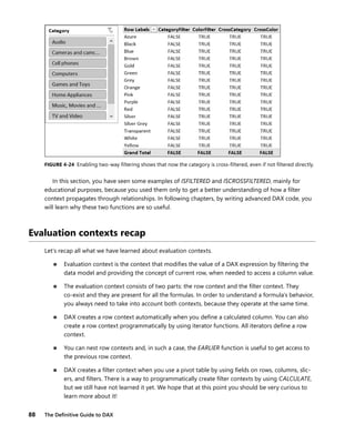 88 The Deﬁnitive Guide to DAX
FIGURE 4-24 Enabling two-way ﬁltering shows that now the category is cross-ﬁltered, even if not ﬁltered directly.
In this section, you have seen some examples of ISFILTERED and ISCROSSFILTERED, mainly for
educational purposes, because you used them only to get a better understanding of how a ﬁlter
context propagates through relationships. In following chapters, by writing advanced DAX code, you
will learn why these two functions are so useful.
Evaluation contexts recap
Let’s recap all what we have learned about evaluation contexts.
■ Evaluation context is the context that modiﬁes the value of a DAX expression by ﬁltering the
data model and providing the concept of current row, when needed to access a column value.
■ The evaluation context consists of two parts: the row context and the ﬁlter context. They
co-exist and they are present for all the formulas. In order to understand a formula’s behavior,
you always need to take into account both contexts, because they operate at the same time.
■ DAX creates a row context automatically when you deﬁne a calculated column. You can also
create a row context programmatically by using iterator functions. All iterators deﬁne a row
context.
■ You can nest row contexts and, in such a case, the EARLIER function is useful to get access to
the previous row context.
■ DAX creates a ﬁlter context when you use a pivot table by using ﬁelds on rows, columns, slic-
ers, and ﬁlters. There is a way to programmatically create ﬁlter contexts by using CALCULATE,
but we still have not learned it yet. We hope that at this point you should be very curious to
learn more about it!
 