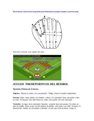 Dimensiones máximas de los guantes para fildeadores (excepto receptor y primera base)
dirección contraria a las agujas del reloj.
JUEGOS PREDEPORTIVOS DEL BEISBOL
Ejercicio Pelotas de Colores:
Objetivo: Mejorar la visión y la concentración. Obliga a buscar la pelota rápidamente.
Sistema: Pintar varias pelotas con distintos colores. Un entrenador lanza una pelota y dice
un color. El bateador solo debe batear los strikes de la pelota del color adecuado.
Variación: En lugar de un entrenador lanzando, se puede hacer por parejas. Se coloca un
niño de rodillas frente al otro con dos pelotas de distinto color junto a un valla. Se hacen 10
lanzamientos tirando las dos pelotas y diciendo el color que se ha de batear. Luego se
 