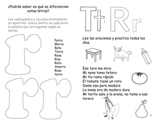 Lee las oraciones y practica todos los
días.
Ese toro me mira
Mi nena toma tetero
Mi tío rema rápido
El tomate tiene un roto
Dame esa pera madura
La mesa era de madera dura
Mi torito sale a la arena, no teme a ese
torero
¿Podrás saber en qué se diferencian
estas letras?
Lee cada palabra y escucha atentamente
al repetirlas. Coloca dentro de cada letra
la palabra que corresponde según su
sonido.
Perro
Morro
Rata
Torre
Rosa
Risa
Rata
Amarro
Rosa
tarro
39
 