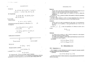 ?d..f
II. Simetría.
NUMU.{OS REALES
[a¡, a;} ~[b¡. b;] => a¡.,;;; bj t b¡.,;;; a; =>
=> bi.,;;; a; ~> a¡.;; bj => (bj, b1~] ~·[a¡. a;}
Ill. Transitividad.
[a¡. a;] -[b¡, b;] A [b¡ . b;] ~[ck . e~ l =>
= [g;. a;}-[ch, e~]
r'•!'n1n,tración)
Debemo~ probar
'v'i. '</k : a¡ ..;; e,. .,;;; a';
Suponemos que extsten do~ índices m y n. tales que am >c.~
Por hipótesis
-[b¡. bi'1 =? 'v'i. v j: a;..;; b; =>
=> 'v'j: dm ..;;bJ~ {3)
-[ek , e~] => vj . "i k : b¡ .,;;; e~ =
=> "ij: b¡..;; e~ (41
Gráficamente la situación es
e,.
bj ----s
De (3) y (4)
'v'j: b;;. am ,, b¡..;;c:
Restando miembro a miembro
Vj:b;-bi>am -e~
y tomando 8 <a"' -e~, resulta
Vj: b; -b¡ > 8
dm
(2)
b;
En consecuencia [b¡ . b'¡) no es un encaje. contra la hipótesis.
De a.;uerdo con el teorema fundamental de las relaciones de equivalencia, existe una
partición de A en clases de equivakncia. cad;¡ una de las cuales se llama número reaL
OPERACJONES EN R 3 iS
Definición
Número real es toda clase de equivalencia determinada por la relación (1) en el
conjunto de todos los encajes de intervalos cerrados racionales.
Conjunto de los números reales es el cociente de A por la relación de
equivalencia.
La notación a = K¡a¡,aiJ denota el número real asociado a la clase de equivalencia
del encaje [a1, a,l
Un real se llama racional si y sólo si el encaje representativo de su clase tierre
intersección no vacía. Si tal intersección es vacía, el real se llama irracional.
Definición
Número real O es la clase de equivalencia de todo encaJe .:uyas aproximaciones
por defecto no son positivas, y cuyas aproximaciones por exceso no son
negativas.
El encaje
es decir
Definición
f} ,y todos los equivalentes a él, definen el número real O
O=K,.. t 11
l-i·iJ
Un número real es positivo si y sólo si todos los encajes de su clase admiten
alguna aproximación por defecto positiva.
Cn número real es negativo si y sólo si alguna aproximación por exceso de todos
los encajes de su clase es negativa.
En símbolos
a < O ~ a = K¡a. a:¡ ,' 3 a;< O,. '
a> O ~ a= Kta;,ail! 3 a¡> O
10.3. OPERACIONES EN R
10.3.1. Operaciones en A
En el conjunto A, cuyos elementos son todos los encajes de intervalos cerrados
racionales. definimos las operaciones habituales.
l. ADICION.
[a;, a;]+ [b¡, b;] =[a·;+ b;, a;+ b;]
La suma de dos encajes se realiza sumando las correspondientes aproximaciones por
defecto y por exceso.
 