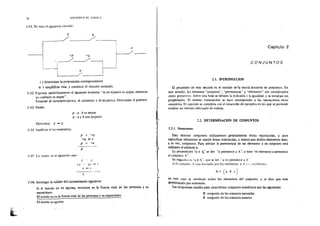 L
24 NOCIONES DE LOGlCA
1·31. Se tieae el siguiente circuito:
~- q 1
1 1 r
--l -p '-q 1 / _ _
1 ., ___ / / 11
! : ~ ¡
! ! ¡ !
L~--d-.-J L--__i¡ q '
¡ / 1
1
i ) determinar la proposición correspondiente
',ü ) simplificar ésta, y construir el circuito asociado.
1-32. Exp:esar simbólicamente el siguiente teorema: "si un número es unpar, entonces
su cJadrado es impar''.
Enunciar el contrarrecíproco, el contrario y el recíproco, Demostrar el primero.
1-33. Siendo
Demostrar p = q
l-34. Justificar e! rn2ooamiento
p : a . b es impar
q :a y b son impares
p V -q
-q «> T
p V -r
p
J-35. Lo TiíMno ~n .;l sígmente caso:
{p
,.,,. q
qi =
r =- s
S
1-36. Investigar la validez del razonamiento siguiente:
Si el interés no es egoísta, entonces es. la fuerza vital de las personas y es
espontáneo.
El interés no es la fuerza vital de las personas y es espontáneo
El interés es egoísta
t'·i
f
,,
E- ..o.
Capítulo 2
CONJUNTOS
2.1. INTRODUCCION
El propósito de esta sección es el estudio de'la teoría intuitiva de conjuntos. En
este sentido. los térmmos "conjunto'', '"pertenencia" y "elemento" son considerados
como primitivo$, Sobre esta base se definen la inclusión y la igualdad, y se estudian sus
propiedades. El mismo tratamiento se hace corresponder a las operaciones entre
conjuntos. El capítulo se completa con el desarrol1o de ejemplos en lo> que se pretende
mostrar un método adecuado de trabajo.
:!.2. DETERMINAOON DE CONJtJNTOS
2.2.1. Notaciones
Para denotar conjuntos utilizaremos generalmente letras mayúsculas, y para
especificar elementos se usarán letras minúsculas, a menos que dichos elementos sean,
a su vez, conjuntos. Para indicar la pertenencia de un elemento a un conjunto será
utilizado el símbolo €.
la proposición "a e J" se lee: "a pertenece a A·•. o bien "el elemento a pertenece
al conjunto A",
Su negació,¡ e::. ..,¡ fA'", que se íee: ''a no pertenece a A"
Si el ~ü11iunru ~ ;,.;~¡& furrnadu por los ~lementos a~ b ~"· f ~ cscJlb¡müs
A -fa b c 1
-  .. J
en este caso se nombran todos los elementos ·del conjunto, y se dice que está
determinado por extensión.
Las notaciones usuales para caracterizar conjuntos numéricos son las siguientes:
N conjunto de los números naturales
Z conjunto de los números enteros
 