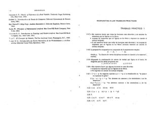 ~ 18 BIBLIOGRAFIA
:..¡atanson l. P.: Theory of Functions of a Real Variable. Frederick Ungar Publishing
CO., New York, 1964.
Oubiña L.: Introducción a la Teoría de Conjuntos. Editorial Universitaria de Buenos
Aires, 1965.
Rey Pastor-Pi Calleja-Treja: Análisis Matemático l. Editorial Kapelusz, Buenos Aires,
1961.
Rudin W.: Principies ofMathematical Analysis. Mac Graw-Hill Book Company, New
York, 1964.
SL-r.r:;ons G. F.: Jntroduction to Topolog;,· and Modem Analysis. Mac Graw-Hill Book
Company, lnc., New York, 19ó3.
C.: El Concepto de .Vúmero. The Pan American Union, Washington, D.C., 1968.
T.1-::k.:r H. G.: bitroducción a la Teorí'a iUaterr.átiea de las Probabilidades y a la Esta-
dútica. Editorial Vicens Vives, Barcelona, 1966.
RESPUESTAS A LOS TRABAJOS PRACTICOS
TRABAJO PRACTICO
1-17. • Mis maestros hacen que todas las lecciones sean aburridas y no aceptan las
respuestas que no figuran en ios übros.
• Aceptan las respuestas que no figuran en los libros o imponen un cúmulo de
nom1as estúpidas.
• Si mis maestros hacen que todas las lecciones sean aburridas y no aceptan la!
respuestas que no figuran en los libros: entonces imponen un cúmulo d<
normas estúpidas.
1-18. La proposición compuesta es la conjunción de 8 proposiciones simples:
p, A P2 ·" .. · A Ps
donde p1 : "la chatura de ciertas disciplinas escolares se trasmite a los maestros",
etcétera.
1-19. Adoptando la combinación de valores de verdad que figura en el texto, los
renglones para las tablas propuestas son:
i )VFVVYVVV ii)YVVV
1-20. • Mis maestros hacen que algunas lecciones no sean aburridas.
• Aceptan las respuestas que no figuran en los libros.
• No imponen un cúmulo de normas estúpidas.
1·21. i ) - p A q. Su negación equivale a p v - q, y la retraducción es: "es justa o
l no mantiené el o¡den".
j
ii ) p " q ; - p v ::.... q; "los alumnos no conocen a los simuladores o no los
desprecian".
iii) p =~- q ; p A - q> ·•tos alumnos conocen a los simuladores y no los
desprecian".
1-22. i ) sí. ü) sí. iii) no. iv) sí.
1-23. i) p 1 q. ü)-p '1 (q V -q).
1-24. F.
1-25. i ) sí; V. ii) sí; F iii) sí: V. iv) no.
1-26. i ) V. ii) V. iii) F.
 