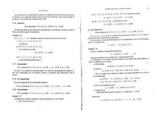 14 RELACIONES
La no 5imetría no impide que dos pares de componentes permutadas pertenezcan a
la relación, pC'ro exige que haya al menos un par en la relación, y que el que resulta de
permutar sus componentes no pertenezca a ella.
3.7.6. Asimetría
Res asimétrica *> V x Vy: (x ,y) eR :;. (y ,x) t R
En este caso debe ocurrir que si un par pertenece a la relación, entonces el que se
deduce por permutactón no pertenece.
Ejemplo 3·6.
En A = { l . ~ , 3J clasificamos desde este punto de vista las relaciones:
i) s= {n.n.q,J),(3,2)}
es simétrica.
ü) T={(l.2),(2,I),(3,l)}
es no simétrica. ya que
(3,l)eT A (l ,3);T
iii) (J = { (l • 2) . (l '3), (2 '3)}
es una relación asimétrica en A.
3.7.7. Transitividad
Res transitiva * V x V y V z: (x e R 11 (y , z) e R =;> (x , z) e R
Es decir, si un elemento está relacionado con otro (no necesariamente distinto), y
ésre está relacionado con un tercero, entonces el primero está relacionado con el
tercero.
3.7.8. No transitividad
Por ser la negación de la transitividad. decirnos
Resnotransitiva -*3x3y3z/(x,y)eR 1 (y,z)eR 11 (x,z)ltR
3.7.9. Atransitividad --
Resatransitiva * VxVyVz:(x,y)eR A (y,z}eR =(x,z)iR
Ejemplo 3-7.
Considerando el mismo conjunto A de los ejemplos 3-5 y 3-6 se tiene:
i ) R y U son transitivas.
1
1
'1
1~
~i
PROPII IJADFS DE LAS RELAClONFS
ii) V""' { (1 , 2) , (2 , 3), (1 , 3), (3, 1)} ·es no transitiva, ya que
(1,3)eV 11 {3,l)€V A (1,1)4V
iii) Jt! = { (1 , 2), (2, 3)} es atransitiva, ya que
(1,2)eW 11 (2,3)eW=;.(l,3),e'W·
3.7.10. Antisimetría
Resantisimétrica *>VxVy:(x.y)eR A (v,x)eR :;.x=y
75
En c~i.z l.,d:)ú, S~ dus pares de ~0&1pcnc~tes pe~u.tad:t~ perten~r.e~ 3 h~ re1adón,
entonces dichas componentes se identifican.
De este modo, ia relación R del ejemplo 3-5 es antisirnétrica, pero no lo es S puesto
que es f la proposición
C,3)eS" (3.~)€5=>2=3
Ejemplo 3-8.
En R: se ..:onsidera la relación R definida por
IX ' .v) € R <* X -y € z (l)
Estamos interesados en la clasificación y representación de R.
La definición ( 1) se traduce en estos términos: dos reales estan relacionados, si y
sólo si su diferencia es un entero.
i ) Reflexividad.
aeR =>a-a=OeZ =;>(a.a)eR
ii ) Simetría.
(a,b)eR =>a-beZ =>b-aeZ :;.{b.a)eR

Por ( 1), porque si un número es entero, su opuesto también lo es, y por {1).
iii) Transitividad.
(a , b)·e R 1 1b . e) e R => a- b eZ "· b - e e Z =;>
=?(a.:_b)+(b-c)EZ :!J,a-ceZ =?(a.c)ER
iv) R no es antisirnétrica, pues
(3.2)eR il (2:3)eR=>2=3esF
v ) Gráfico de R.
A R pertenecen los pares de reales (x, y) tales que x-y € Z
Ahora bien
X- y € Z =;>X- y= kfk € l "* 1' =X- k con k el
 