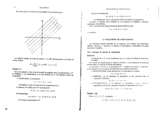 ~--
<6 RELACIONES
rara cadl entero k se tiene una recta paralela a la primera bisectriz.
/
)--
A
/'""'v
YI. ?'
'i- ?':)
/ ~>fr..... __
-// //'- ~~-­
///,./,,~./ //
X
La relacJón consiste en todos los pares (x, y) e R2 pertenecientes a la familia de
rectas, es decir:
R = U { (x, y) € R2
/y= x-k}
keZ· -
Ejemplo J-1,
Sea A ur conjunto. Como el vacío es parte de cualquier otro, la proposición ¡pe A2
es verdader1 y, en consecuencia, 1/J es una relación en A. Tal relación verifica las
propiedades:
i ) Arreflexividad. La proposición
V 1: _ X t 1 ""'" e~ .X) é ,;¡
es verdadera, ya que el consecuente de la implicación es V_
ii ) Sünetría. Se verifica por ser V !a proposición
V X V y : (x , y) € 1/J => (y , X} € 1/J
iii) Ttansitivídad
(x,y)e¡fJ A (y,z)€1/1 =>(x,z)eq,
es V porque el antecedente es F.
t
1
RELACIONES DE EQUIVALFNCIA n
_iv) Como la implicadón
(x,y)ecp A (y,z)ecp =>x==y
es verdadera por tener el antecedente falso, la relación es antisimétrica.
Es decir, la relación vacía definida en un conjunto, es arreflexiva, simétrica,
transitiva, y antisimétríca.
Si A == </;. entonces la misma relación es además reflexiva, pues
V x : x € A => (x . x) E tf>
>-erdader:L
3.8. RELACIONES DE EQUIVALENCIA
Las relaciones binarias definidas en un COI}junto, que verifican las propiedades
reflexiva. simétrica y transitiva, se llaman de equivalencia y desempeñan un papel
importante en álgebra.
3.8.1. Concepto de relación de equivalencia
Deji'nici'ón
La relación R C A2
es de equivalencia en A si y sólo si es reflexiva, sinétrica y
transitiva.
Por razones de simplificación se utiliza el símbolo -. y los elementos de todo par
perteneciente a la rela~.:ión se llaman equivalentes.
Ll nutacH.1n a -h se iee ··a es equivalente a b". y significa que e! par (a . b l pertene-
ce a la relación. En este sentido, las relaciones de equivalencia satist'lcen:
i ) REFLEXIVIDAD. Todo elemento de A es equivalnte a si mismo.
Yx : x f A => x -x
ii) SIMETRIA. Si un elemento es equivalente a otro. entonces éste es
equivalente al•primero.
V x V y _x -,· ""' _l. -x
~H·r TR..!S!Ti.!D:-0, 2~ u:-1 eieme!lto e~ J vtr;.;~ :·/ és!:;
equ¡valente a un tercero. entonces el pnmero .::s equivalente <ti ier~'erü.
1 X V V ·.¡ :: . X -_v 1 V -:: ~ X -:
Ejemplo 1·10.
En A=
1' 1 -
~ 1 • 2 •3 ) • la relación
' )
- == { (1 . 1). ( 2 . 21 . L:¡ . 3) . (1 . 2), (2 , 1) }
 