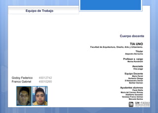 Equipo de Trabajo
Franco Gabriel 45010260
Godoy Federico 45012742
FOTO FOTO
TIA UNO
Facultad de Arquitectura, Diseño, Arte y Urbanismo.
Titular
Alejandro Borrachia
Profesor a cargo
Marisa Rondinelli
Asociada
Elsa poggi
Equipo Docente
Mario Peroti
Norberto Oleaga
D'Alessandro Daniel
Barbier Damian
Ayudantes alumnos
Paula Stella
María del Carmen Romay
Adalberto Gonzalez
Vanessa Franco Gómez
Manuela Santos
Cuerpo docente
 