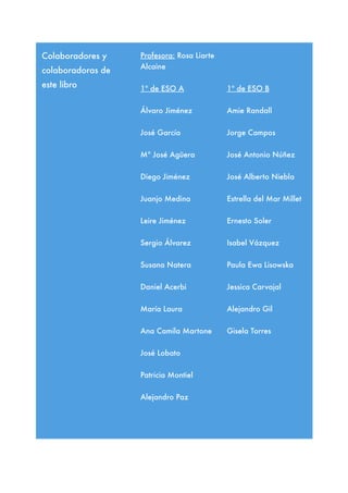 Colaboradores y
colaboradoras de
este libro
Profesora: Rosa Liarte
Alcaine
1º de ESO A
Álvaro Jiménez
José García
Mª José ...