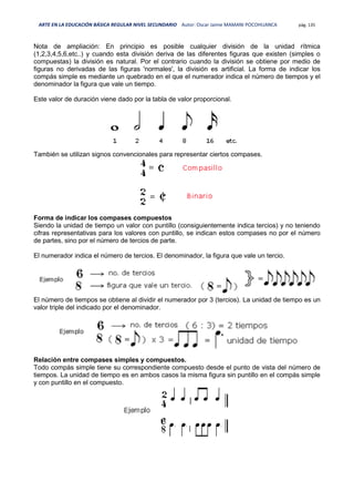 ARTE EN LA EDUCACIÓN BÁSICA REGULAR NIVEL SECUNDARIO Autor: Oscar Jaime MAMANI POCOHUANCA pág. 135
Nota de ampliación: En principio es posible cualquier división de la unidad rítmica
(1,2,3,4,5,6,etc..) y cuando esta división deriva de las diferentes figuras que existen (simples o
compuestas) la división es natural. Por el contrario cuando la división se obtiene por medio de
figuras no derivadas de las figuras 'normales', la división es artificial. La forma de indicar los
compás simple es mediante un quebrado en el que el numerador indica el número de tiempos y el
denominador la figura que vale un tiempo.
Este valor de duración viene dado por la tabla de valor proporcional.
También se utilizan signos convencionales para representar ciertos compases.
Forma de indicar los compases compuestos
Siendo la unidad de tiempo un valor con puntillo (consiguientemente indica tercios) y no teniendo
cifras representativas para los valores con puntillo, se indican estos compases no por el número
de partes, sino por el número de tercios de parte.
El numerador indica el número de tercios. El denominador, la figura que vale un tercio.
El número de tiempos se obtiene al dividir el numerador por 3 (tercios). La unidad de tiempo es un
valor triple del indicado por el denominador.
Relación entre compases simples y compuestos.
Todo compás simple tiene su correspondiente compuesto desde el punto de vista del número de
tiempos. La unidad de tiempo es en ambos casos la misma figura sin puntillo en el compás simple
y con puntillo en el compuesto.
 