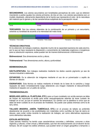ARTE EN LA EDUCACIÓN BÁSICA REGULAR NIVEL SECUNDARIO Autor: Oscar Jaime MAMANI POCOHUANCA pág. 15
SECUNDARIOS. Los colores secundarios son tonalidades perceptivas de color, que se obtienen
mezclando a partes iguales los colores primarios, de dos en dos. Los colores secundarios son un
modelo idealizado, plenamente dependiente de la fuente que represente el color, de la naturaleza
del material que lo genere y de las características subjetivas de la percepción visual.
Verde Violeta Naranja
TERCIARIOS. Son los colores obtenidos de la combinación de un primario y un secundario,
variando su tonalidad de acuerdo a la intensidad del matiz tonal.
Terciarios – Tono verde Terciarios – Tono violeta Terciarios – Tono Naranja
TÉCNICAS CREATIVAS.
En la obtención de trabajos creativos, depende mucho de la capacidad expresiva de cada alumno,
por lo que se hace necesaria la disposición y conocimiento de materiales orgánicos e inorgánicos
para su absolución expresiva, estas pueden ser de manera bidimensional o tridimensional.
Bidimensional. Dos dimensiones ancho y altura.
Tridimensional. Tres dimensiones ancho, altura y profundidad.
BIDIMENSIONALES:
DÁCTILOPINTURA. Son trabajos realizados mediante los dedos usando pigmento ya sea de
manera industrial o elaborada.
ESTARCIDO. Es la obtención de imágenes mediante el uso de un pulverizador o cepillo de
dientes en desuso.
ESGRAFIADO. Esta técnica se realiza mediante el tintado de la base de la cartulina y luego
repasado de betún inmediatamente luego obteniendo una imagen mediante el descubrimiento
mediante el raspado con un palito de carrizo.
TRIDIMENSIONALES:
MODELADO (ARCILLA, PLASTILINA, ETC.) para un buen modelado con arcilla siempre se debe
de limpiar de impurezas la arcilla para evitar resquebrajaduras además de tener cuidado de
trabajar en el sol, ya que el cambio de temperatura. En cambio con la plastilina lo único que se
debe de tener cuidado es en el proceso de modelado. Se puede usar pastas diversas como la de
sal y otros.
TALLADO (MADERA, JABÓN, TUBÉRCULO, ETC.) en el proceso de tallado es preferible
abastecerse de acuerdo a las posibilidades con materiales como cuchillas de hoja de sierra en
desuso, para evitar cortes durante la realización de trabajos, así como alternativas expresivas
como elementos naturales.
ESTILOS ARTÍSTICOS.
Cada periodo histórico ha tenido unas características concretas y definibles, comunes a otras
regiones y culturas, o bien únicas y diferenciadas, que han ido evolucionando con el devenir de los
tiempos. De ahí surgen los estilos artísticos, que pueden tener un origen geográfico o temporal, o
 