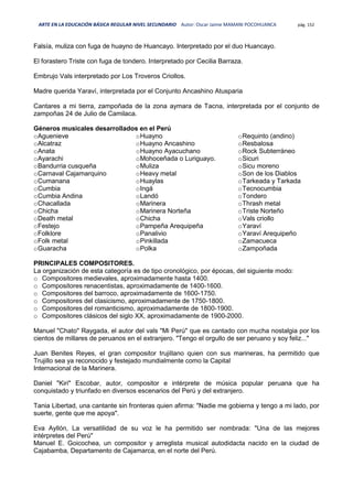 ARTE EN LA EDUCACIÓN BÁSICA REGULAR NIVEL SECUNDARIO Autor: Oscar Jaime MAMANI POCOHUANCA pág. 152
Falsía, muliza con fuga de huayno de Huancayo. Interpretado por el duo Huancayo.
El forastero Triste con fuga de tondero. Interpretado por Cecilia Barraza.
Embrujo Vals interpretado por Los Troveros Criollos.
Madre querida Yaraví, interpretada por el Conjunto Ancashino Atusparia
Cantares a mi tierra, zampoñada de la zona aymara de Tacna, interpretada por el conjunto de
zampoñas 24 de Julio de Camilaca.
Géneros musicales desarrollados en el Perú
oAguenieve
oAlcatraz
oAnata
oAyarachi
oBandurria cusqueña
oCarnaval Cajamarquino
oCumanana
oCumbia
oCumbia Andina
oChacallada
oChicha
oDeath metal
oFestejo
oFolklore
oFolk metal
oGuaracha
oHuayno
oHuayno Ancashino
oHuayno Ayacuchano
oMohoceñada o Luriguayo.
oMuliza
oHeavy metal
oHuaylas
oIngá
oLandó
oMarinera
oMarinera Norteña
oChicha
oPampeña Arequipeña
oPanalivio
oPinkillada
oPolka
oRequinto (andino)
oResbalosa
oRock Subterráneo
oSicuri
oSicu moreno
oSon de los Diablos
oTarkeada y Tarkada
oTecnocumbia
oTondero
oThrash metal
oTriste Norteño
oVals criollo
oYaraví
oYaraví Arequipeño
oZamacueca
oZampoñada
PRINCIPALES COMPOSITORES.
La organización de esta categoría es de tipo cronológico, por épocas, del siguiente modo:
o Compositores medievales, aproximadamente hasta 1400.
o Compositores renacentistas, aproximadamente de 1400-1600.
o Compositores del barroco, aproximadamente de 1600-1750.
o Compositores del clasicismo, aproximadamente de 1750-1800.
o Compositores del romanticismo, aproximadamente de 1800-1900.
o Compositores clásicos del siglo XX, aproximadamente de 1900-2000.
Manuel "Chato" Raygada, el autor del vals "Mi Perú" que es cantado con mucha nostalgia por los
cientos de millares de peruanos en el extranjero. "Tengo el orgullo de ser peruano y soy feliz..."
Juan Benites Reyes, el gran compositor trujillano quien con sus marineras, ha permitido que
Trujillo sea ya reconocido y festejado mundialmente como la Capital
Internacional de la Marinera.
Daniel "Kiri" Escobar, autor, compositor e intérprete de música popular peruana que ha
conquistado y triunfado en diversos escenarios del Perú y del extranjero.
Tania Libertad, una cantante sin fronteras quien afirma: "Nadie me gobierna y tengo a mi lado, por
suerte, gente que me apoya".
Eva Ayllón, La versatilidad de su voz le ha permitido ser nombrada: "Una de las mejores
intérpretes del Perú"
Manuel E. Goicochea, un compositor y arreglista musical autodidacta nacido en la ciudad de
Cajabamba, Departamento de Cajamarca, en el norte del Perú.
 