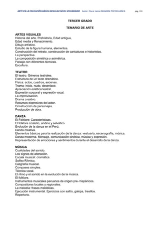 ARTE EN LA EDUCACIÓN BÁSICA REGULAR NIVEL SECUNDARIO Autor: Oscar Jaime MAMANI POCOHUANCA pág. 155
TERCER GRADO
TEMARIO DE ARTE
ARTES VISUALES
Historia del arte. Prehistoria, Edad antigua,
Edad media y Renacimiento.
Dibujo artístico.
Estudio de la figura humana, elementos.
Construcción del retrato, construcción de caricaturas e historietas.
La perspectiva.
La composición simétrica y asimétrica.
Paisaje con diferentes técnicas.
Escultura.
TEATRO
El teatro. Géneros teatrales.
Estructura de un texto dramático.
Física: actos, cuadros, escenas.
Trama: inicio, nudo, desenlace.
Apreciación estética teatral.
Expresión corporal y expresión vocal.
La improvisación.
Drama creativo.
Recursos expresivos del actor.
Construcción de personajes.
Producción de obra.
DANZA
El Folklore: Características.
El folklore costeño, andino y selvático.
Evolución de la danza en el Perú.
Danza creativa.
Elementos básicos para la realización de la danza: vestuario, escenografía, música.
Danza moderna. Mensaje, comunicación cinética, música y expresión.
Representación de emociones y sentimientos durante el desarrollo de la danza.
MÚSICA
Cualidades del sonido.
Los signos de alteración.
Escala musical: cromática.
Solfeo Rítmico.
Caligrafía musical.
Compases simples.
Técnica vocal.
El ritmo y el sonido en la evolución de la música.
El folklore.
Instrumentos musicales peruanos de origen pre- hispánicos.
Compositores locales y regionales.
La melodía: frases melódicas.
Ejecución instrumental. Ejercicios con saltío, galopa, tresillos.
Repertorio.
 
