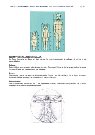 ARTE EN LA EDUCACIÓN BÁSICA REGULAR NIVEL SECUNDARIO Autor: Oscar Jaime MAMANI POCOHUANCA pág. 161
ELEMENTOS DE LA FIGURA HUMANA.
La figura humana se divide en tres partes de gran importancia: la cabeza, el tronco y las
extremidades.
Cabeza:
Está dividida en dos partes, el cráneo y el rostro. Compone 1/8 parte del largo vertical de la figura
humana. Puede ser representada por un ovalo.
Tronco:
Comprende desde los hombros hasta el pubis. Ocupa casi 3/8 del largo de la figura humana.
Podemos facilitar su dibujo representándolo con un triángulo.
Extremidades:
Las extremidades se dividen en 2, las superiores (brazos) y las inferiores (piernas), se pueden
representar fácilmente empleando óvalos.
 