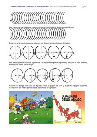ARTE EN LA EDUCACIÓN BÁSICA REGULAR NIVEL SECUNDARIO Autor: Oscar Jaime MAMANI POCOHUANCA pág. 167
Los trazos para el dibujo de caricaturas deben ser bastante ágiles y espontáneos.
Para lograr la construcción de cabezas, se debe practicar el dibujo de óvalos.
Los trazos para el óvalo se logran con un movimiento por la izquierda y otro por el lado derecho,
siempre de arriba hacia abajo
Cuando se tenga una serie de figuras sobre el papel, es fácil y divertido agregar facciones.
Cambiando los trazos para la boca, se cambia la expresión.
 
