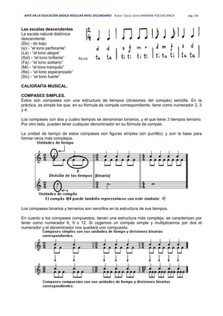 ARTE EN LA EDUCACIÓN BÁSICA REGULAR NIVEL SECUNDARIO Autor: Oscar Jaime MAMANI POCOHUANCA pág. 195
Las escalas descendentes
La escala natural diatónica
descendente:
(Do) - do bajo
(si) - “el tono perforante”
(La) - “el tono alegre”
(Sol) - “el tono brillante”
(Fa) - “el tono solitario”
(Mi) - “el tono tranquilo”
(Re) - “el tono esperanzado”
(Do) - “el tono fuerte”
CALIGRAFÍA MUSICAL.
COMPASES SIMPLES.
Estos son compases con una estructura de tiempos (divisiones del compás) sencilla. En la
práctica, es simple los que, en su fórmula de compás correspondiente, tiene como numerador 2, 3
y 4.
Los compases con dos y cuatro tiempos se denominan binarios, y el que tiene 3 tiempos ternario.
Por otro lado, pueden tener cualquier denominador en su fórmula de compás.
La unidad de tiempo de estos compases son figuras simples (sin puntillo); y son la base para
formar otros más complejos.
Los compases binarios y ternarios son sencillos en la estructura de sus tiempos.
En cuanto a los compases compuestos, tienen una estructura más compleja; se caracterizan por
tener como numerador 6, 9 o 12. Si cogemos un compás simple y multiplicamos por dos el
numerador y el denominador nos quedará uno compuesto.
 
