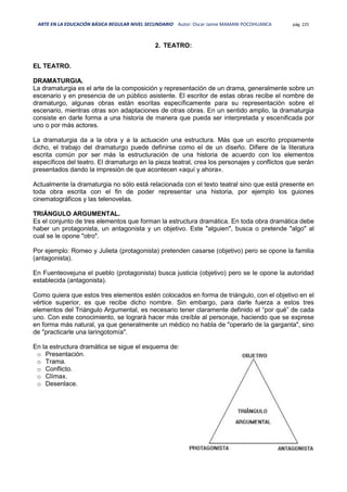 ARTE EN LA EDUCACIÓN BÁSICA REGULAR NIVEL SECUNDARIO Autor: Oscar Jaime MAMANI POCOHUANCA pág. 225
2. TEATRO:
EL TEATRO.
DRAMATURGIA.
La dramaturgia es el arte de la composición y representación de un drama, generalmente sobre un
escenario y en presencia de un público asistente. El escritor de estas obras recibe el nombre de
dramaturgo, algunas obras están escritas específicamente para su representación sobre el
escenario, mientras otras son adaptaciones de otras obras. En un sentido amplio, la dramaturgia
consiste en darle forma a una historia de manera que pueda ser interpretada y escenificada por
uno o por más actores.
La dramaturgia da a la obra y a la actuación una estructura. Más que un escrito propiamente
dicho, el trabajo del dramaturgo puede definirse como el de un diseño. Difiere de la literatura
escrita común por ser más la estructuración de una historia de acuerdo con los elementos
específicos del teatro. El dramaturgo en la pieza teatral, crea los personajes y conflictos que serán
presentados dando la impresión de que acontecen «aquí y ahora».
Actualmente la dramaturgia no sólo está relacionada con el texto teatral sino que está presente en
toda obra escrita con el fin de poder representar una historia, por ejemplo los guiones
cinematográficos y las telenovelas.
TRIÁNGULO ARGUMENTAL.
Es el conjunto de tres elementos que forman la estructura dramática. En toda obra dramática debe
haber un protagonista, un antagonista y un objetivo. Este "alguien", busca o pretende "algo" al
cual se le opone "otro".
Por ejemplo: Romeo y Julieta (protagonista) pretenden casarse (objetivo) pero se opone la familia
(antagonista).
En Fuenteovejuna el pueblo (protagonista) busca justicia (objetivo) pero se le opone la autoridad
establecida (antagonista).
Como quiera que estos tres elementos estén colocados en forma de triángulo, con el objetivo en el
vértice superior, es que recibe dicho nombre. Sin embargo, para darle fuerza a estos tres
elementos del Triángulo Argumental, es necesario tener claramente definido el “por qué” de cada
uno. Con este conocimiento, se logrará hacer más creíble al personaje, haciendo que se exprese
en forma más natural, ya que generalmente un médico no habla de "operarlo de la garganta", sino
de "practicarle una laringotomía".
En la estructura dramática se sigue el esquema de:
o Presentación.
o Trama.
o Conflicto.
o Clímax.
o Desenlace.
 