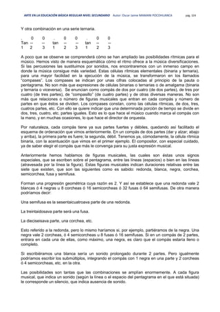 ARTE EN LA EDUCACIÓN BÁSICA REGULAR NIVEL SECUNDARIO Autor: Oscar Jaime MAMANI POCOHUANCA pág. 324
Y otra combinación en una serie ternaria.
. 0 0 . 0 0 . 0 0
Tan -- -- tan -- -- tan -- --
1 2 3 1 2 3 1 2 3
A poco que se observe se comprenderá cómo se han ampliado las posibilidades rítmicas para el
músico. Hemos visto de manera esquemática cómo el ritmo ofrece a la música diversificaciones.
Si las percusiones las sustituimos por sonidos, nos encontraremos con un inmenso campo en
donde la música consigue más variedad. Estas células rítmicas elementales (binaria y ternaria),
para una mayor facilidad en la ejecución de la música, se transformaron en los llamados
“compases”. Los compases se indican por unas cifras colocadas al principio de la pauta o
pentagrama. No son más que expresiones de células binarias o ternarias o de amalgama (binaria
y ternaria o viceversa). Se enuncian como compás de dos por cuatro (de dos partes), de tres por
cuatro (de tres partes), de “compasillo” (de cuatro partes) y de otras diversas maneras. No son
más que relaciones o número de figuras musicales que entran en cada compás y número de
partes en que éstos se dividen. Los compases constan, como las células rítmicas, de dos, tres,
cuatros partes, etc. Con ello se quiere indicar que una determinada porción de tiempo se divide en
dos, tres, cuatro, etc. partes iguales. Esto es lo que hace el músico cuando marca el compás con
la mano, y en muchas ocasiones, lo que hace el director de orquesta.
Por naturaleza, cada compás tiene ya sus partes fuertes y débiles, quedando así facilitado el
esquema de ordenación que vimos anteriormente. En un compás de dos partes (dar y alzar; abajo
y arriba), la primera parte es fuere; la segunda, débil. Tenemos ya, cómodamente, la célula rítmica
binaria, con la acentuación que vimos en el primer ejemplo. El compositor, con especial cuidado,
ya de saber elegir el compás que más le convenga para su justa expresión musical.
Anteriormente hemos hablamos de figuras musicales, las cuales son éstas unos signos
especiales, que se escriben sobre el pentagrama, entre las líneas (espacios) o bien en las líneas
(atravesada por la línea la figura). Estas figuras musicales indican duraciones relativas entre las
siete que existen, que son las siguientes como es sabido: redonda, blanca, negra, corchea,
semicorchea, fusa y semifusa.
Forman una progresión geométrica cuya razón es 2. Y así se establece que una redonda vale 2
blancas ó 4 negras u 8 corcheas ó 16 semicorcheas ó 32 fusas ó 64 semifusas. De otra manera
podríamos decir:
Una semifusa es la sesentaicuatroava parte de una redonda.
La treintaidosava parte será una fusa.
La dieciseisava parte, una corchea, etc.
Esto referido a la redonda, pero lo mismo haríamos si, por ejemplo, partiéramos de la negra. Una
negra vale 2 corcheas, ó 4 semicorcheas u 8 fusas ó 16 semifusas. Si en un compás de 2 partes,
entrara en cada una de ellas, como máximo, una negra, es claro que el compás estaría lleno o
completo.
Si escribiéramos una blanca sería un sonido prolongado durante 2 partes. Pero igualmente
podríamos escribir los submúltiplos, integrando el compás con 1 negra en una parte y 2 corcheas
ó 4 semicorcheas, etc. en la otra.
Las posibilidades son tantas que las combinaciones se amplían enormemente. A cada figura
musical, que indica un sonido (según la línea o el espacio del pentagrama en el que está situada)
le corresponde un silencio, que indica ausencia de sonido.
 