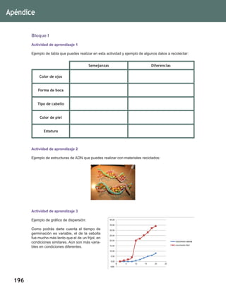 196
Bloque I
Actividad de aprendizaje 1
Ejemplo de tabla que puedes realizar en esta actividad y ejemplo de algunos datos a recolectar:
Semejanzas Diferencias
Color de ojos
Forma de boca
Tipo de cabello
Color de piel
Estatura
Actividad de aprendizaje 2
Ejemplo de estructuras de ADN que puedes realizar con materiales reciclados:
Actividad de aprendizaje 3
Ejemplo de gráfico de dispersión:
Como podrás darte cuenta el tiempo de
germinación es variable, el de la cebolla
fue mucho más lento que el de un frijol, en
condiciones similares. Aún son más varia-
bles en condiciones diferentes.
Apéndice
 