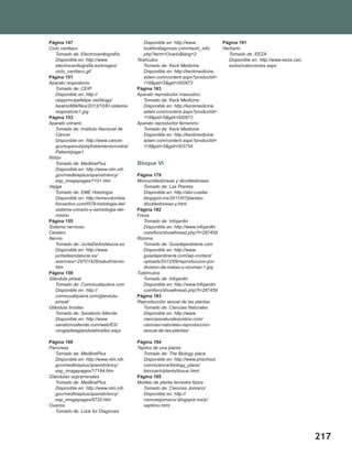 217
Página 147
Ciclo cardiaco
Tomado de: Electrocardiografía
Disponible en: http://www.
electrocardiografia.es/images/
ciclo_cardiaco.gif
Página 151
Aparato respiratorio
Tomado de: CEIP
Disponible en: http://
ceipprincipefelipe.net/blogs/
beatriz889/files/2013/10/El-sistema-
respiratorio1.jpg
Página 153
Aparato urinario
Tomado de: Instituto Nacional de
Cáncer
Disponible en: http://www.cancer.
gov/espanol/pdq/tratamiento/uretra/
Patient/page1
Riñón
Tomado de: MedlinePlus
Disponible en: http://www.nlm.nih.
gov/medlineplus/spanish/ency/
esp_imagepages/1101.htm
Vejiga
Tomado de: EME Histología
Disponible en: http://emecolombia.
foroactivo.com/t578-histologia-del-
sistema-urinario-y-semiologia-del-
mismo
Página 155
Sistema nervioso
Cerebro
Nervio
Tomado de: JuntaDeAndalucia.es
Disponible en: http://www.
juntadeandalucia.es/
averroes/~29701428/salud/nervio.
htm
Página 159
Glándula pineal
Tomado de: Comocualquiera.com
Disponible en: http://
comocualquiera.com/glandula-
pineal/
Glándula tiroides
Tomado de: Sanatorio Allende
Disponible en: http://www.
sanatorioallende.com/web/ES/
cirugiadelaglandulatiroides.aspx
Página 160
Páncreas
Tomado de: MedlinePlus
Disponible en: http://www.nlm.nih.
gov/medlineplus/spanish/ency/
esp_imagepages/17194.htm
Glándulas suprarrenales
Tomado de: MedlinePlus
Disponible en: http://www.nlm.nih.
gov/medlineplus/spanish/ency/
esp_imagepages/8720.htm
Ovarios
Tomado de: Look for Diagnosis
Disponible en: http://www.
lookfordiagnosis.com/mesh_info.
php?term=Ovario&lang=2
Testículos
Tomado de: Keck Medicine
Disponible en: http://keckmedicine.
adam.com/content.aspx?productId=
118&pid=5&gid=000973
Página 163
Aparato reproductor masculino
Tomado de: Keck Medicine
Disponible en: http://keckmedicine.
adam.com/content.aspx?productId=
118&pid=5&gid=000973
Aparato reproductor femenino
Tomado de: Keck Medicine
Disponible en: http://keckmedicine.
adam.com/content.aspx?productId=
118&pid=5&gid=003754
Bloque VI
Página 179
Monocotiledóneas y dicotiledóneas
Tomado de: Las Plantas
Disponible en: http://alix-cuellar.
blogspot.mx/2011/07/plantas-
dicotiledoneas-y.html
Página 182
Fresa
Tomado de: Infojardin
Disponible en: http://www.infojardin.
com/foro/showthread.php?t=287459
Rizoma
Tomado de: Guiadejardineria.com
Disponible en: http://www.
guiadejardineria.com/wp-content/
uploads/2012/09/reproduccion-por-
division-de-matas-o-rizomas-1.jpg
Tubérculos
Tomado de: Infojardin
Disponible en: http://www.infojardin.
com/foro/showthread.php?t=287459
Página 183
Reproducción sexual de las plantas
Tomado de: Ciencias Naturales
Disponible en: http://www.
cienciasnaturalesonline.com/
ciencias-naturales-reproduccion-
sexual-de-las-plantas/
Página 184
Tejidos de una planta
Tomado de: The Biology place
Disponible en: http://www.phschool.
com/science/biology_place/
biocoach/plants/tissue.html
Página 185
Modelo de planta terrestre típica
Tomado de: Ciencias Jomacor
Disponible en: http://
cienciasjomacor.blogspot.mx/p/
septimo.html
Página 191
Herbario
Tomado de: EEZA
Disponible en: http://www.eeza.csic.
es/es/colecciones.aspx
 