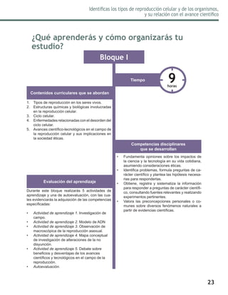 23
Identificas los tipos de reproducción celular y de los organismos,
y su relación con el avance científico
Bloque I
1.	 Tipos de reproducción en los seres vivos.
2.	 Estructuras químicas y biológicas involucradas
en la reproducción celular.
3.	 Ciclo celular.
4.	 Enfermedades relacionadas con el desorden del
ciclo celular.
5.	 Avances científico-tecnológicos en el campo de
la reproducción celular y sus implicaciones en
la sociedad éticas.
Durante este bloque realizarás 5 actividades de
aprendizaje y una de autoevaluación, con las cua-
les evidenciarás la adquisición de las competencias
específicadas:
•	 Actividad de aprendizaje 1. Investigación de
campo.
•	 Actividad de aprendizaje 2. Modelo de ADN
•	 Actividad de aprendizaje 3. Observación de
macroscópica de la reproducción asexual.
•	 Actividad de aprendizaje 4. Mapa conceptual
de investigación de alteraciones de la no
disyunción.
•	 Actividad de aprendizaje 5. Debate sobre
beneficios y desventajas de los avances
científicos y tecnológicos en el campo de la
reproducción.
•	 Autoevaluación.
Contenidos curriculares que se abordan
Tiempo
Evaluación del aprendizaje
9horas
•	 Fundamenta opiniones sobre los impactos de
la ciencia y la tecnología en su vida cotidiana,
asumiendo consideraciones éticas.
•	 Identifica problemas, formula preguntas de ca-
rácter científico y plantea las hipótesis necesa-
rias para responderlas.
•	 Obtiene, registra y sistematiza la información
para responder a preguntas de carácter científi-
co, consultando fuentes relevantes y realizando
experimentos pertinentes.
•	 Valora las preconcepciones personales o co-
munes sobre diversos fenómenos naturales a
partir de evidencias científicas.
Competencias disciplinares
que se desarrollan
¿Qué aprenderás y cómo organizarás tu
estudio?
 