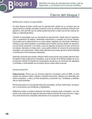 48
Bloque I Identificas los tipos de reproducción celular y de los
organismos, y su relación con el avance científico
Cierre del bloque I
Reflexiona sobre lo aprendido
En este bloque te diste cuenta que la reproducción celular es un proceso que se
realiza tanto en células sexuales (meiosis) como en células somáticas (mitosis) (ver
glosario), esto permite que la célula pueda transmitir a cada una de las nuevas cé-
lulas su material genético.
También te percataste que es importante la reproducción celular para la regenera-
ción o reparación de tejidos, desarrollo embrionario y creación de nuevas células.
Conociste que la célula entra en un ciclo celular integrado por dos fases (interfase y
mitosis) y que está regulado o controlado para impedir que las células se reproduz-
can de forma excesiva o con daño y que en algunas ocasiones ocurren errores en
la meiosis, llamados no disyunción, que pueden afectar el número de cromosomas
sexuales o de autosomas. Todas estas alteraciones pueden generar enfermedades
o síndromes en los individuos afectados.
Además conociste que existen células madre precursoras que pueden generar des-
de tejidos hasta organismos completos, que el campo de la Biotecnología en la re-
producción celular ha logrado la manipulación de genes y la clonación de vegetales
y animales y confrontaste tus principios éticos sobre estos avances.
Autoevaluación
Instrucciones: Ahora que ya conoces algunos conceptos como el ADN, el ciclo
celular, las células madre, mitosis y meiosis entre otros, elabora una historieta con
estos conceptos o más y al final compartan y comenten sus fortalezas y debilida-
des en está actividad.
No te preocupes si no recuerdas todos los conceptos, al final, entre todos, enriquez-
can y reconozcan sus fortalezas y debilidades.
Reflexiona sobre tu postura después de haber revisado estos conceptos, con res-
pecto a las creencias de algunas personas sobre el hecho de la que la luna o algu-
nos otros fenómenos naturales intervienen en la expresión de los genes.
 