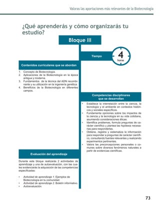 Valoras las aportaciones más relevantes de la Biotecnología
73
Bloque III
1.	 Concepto de Biotecnología.
2.	 Aplicaciones de la Biotecnología en la época
antigua y moderna.
3.	 Fundamentos de la técnica del ADN recombi-
nante y su utilización en la ingeniería genética.
4.	 Beneficios de la Biotecnología en diferentes
campos.
Durante este bloque realizarás 2 actividades de
aprendizaje y una de autoevaluación, con las cua-
les evidenciarás la adquisición de las competencias
específicadas:
•	 Actividad de aprendizaje 1. Ejemplos de
Biotecnología en tu comunidad.
•	 Actividad de aprendizaje 2. Boletín informativo.
•	 Autoevaluación.
Contenidos curriculares que se abordan
Tiempo
Evaluación del aprendizaje
4horas
•	 Establece la interrelación entre la ciencia, la
tecnología y el ambiente en contextos históri-
cos y sociales específicos.
•	 Fundamenta opiniones sobre los impactos de
la ciencia y la tecnología en su vida cotidiana,
asumiendo consideraciones éticas.
•	 Identifica problemas, formula preguntas de ca-
rácter científico y plantea las hipótesis necesa-
rias para responderlas.
•	 Obtiene, registra y sistematiza la información
para responder a preguntas de carácter científi-
co, consultando fuentes relevantes y realizando
experimentos pertinentes.
•	 Valora las preconcepciones personales o co-
munes sobre diversos fenómenos naturales a
partir de evidencias científicas.
Competencias disciplinares
que se desarrollan
¿Qué aprenderás y cómo organizarás tu
estudio?
 