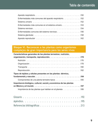 9
Aparato respiratorio .  .  .  .  .  .  .  .  .  .  .  .  .  .  .  .  .  .  .  .  .  .  .  .  .  .  .  . 150
Enfermedades más comunes del aparato respiratorio .  .  .  .  .  .  .  .  .  .  . 152
Sistema urinario  .  .  .  .  .  .  .  .  .  .  .  .  .  .  .  .  .  .  .  .  .  .  .  .  .  .  .  .  .  . 152
Enfermedades más comunes en el sistema urinario  .  .  .  .  .  .  .  .  .  .  . 153
Sistema nervioso .  .  .  .  .  .  .  .  .  .  .  .  .  .  .  .  .  .  .  .  .  .  .  .  .  .  .  .  .  . 154
Enfermedades comunes del sistema nervioso .  .  .  .  .  .  .  .  .  .  .  .  .  .  . 156
Sistema glandular .  .  .  .  .  .  .  .  .  .  .  .  .  .  .  .  .  .  .  .  .  .  .  .  .  .  .  .  . 158
Aparato reproductor  .  .  .  .  .  .  .  .  .  .  .  .  .  .  .  .  .  .  .  .  .  .  .  .  .  .  .  . 162
Bloque VI. Reconoces a las plantas como organismos
complejos de gran importancia para los seres vivos
Características generales de las plantas terrestres: nutrición,
organización, transporte, reproducción .  .  .  .  .  .  .  .  .  .  .  .  .  .  .  .  .  .  . 176
Nutrición  .  .  .  .  .  .  .  .  .  .  .  .  .  .  .  .  .  .  .  .  .  .  .  .  .  .  .  .  .  .  .  .  .  . 176
Organización .  .  .  .  .  .  .  .  .  .  .  .  .  .  .  .  .  .  .  .  .  .  .  .  .  .  .  .  .  .  .  . 178
Transporte  .  .  .  .  .  .  .  .  .  .  .  .  .  .  .  .  .  .  .  .  .  .  .  .  .  .  .  .  .  .  .  .  . 180
Reproducción  .  .  .  .  .  .  .  .  .  .  .  .  .  .  .  .  .  .  .  .  .  .  .  .  .  .  .  .  .  .  . 182
Tipos de tejidos y células presentes en las plantas: dérmico,
fundamental y vascular .  .  .  .  .  .  .  .  .  .  .  .  .  .  .  .  .  .  .  .  .  .  .  .  .  .  .  . 184
Componentes de una planta terrestre típica .  .  .  .  .  .  .  .  .  .  .  .  .  .  .  . 185
Importancia biológica, cultural, social y económica de las plantas
en México y el mundo  .  .  .  .  .  .  .  .  .  .  .  .  .  .  .  .  .  .  .  .  .  .  .  .  .  .  .  .  . 187
Importancia de las plantas que habitan en el planeta .  .  .  .  .  .  .  .  .  .  . 188
Glosario .  .  .  .  .  .  .  .  .  .  .  .  .  .  .  .  .  .  .  .  .  .  .  .  .  .  . 192
Apéndice .  .  .  .  .  .  .  .  .  .  .  .  .  .  .  .  .  .  .  .  .  .  .  .  .  . 195
Referencias bibliográficas .  .  .  .  .  .  .  .  .  .  .  .  .  .  .  .  .  .  . 213
Tabla de contenido
 