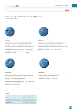 99
0   0. 0. #. #.    
Cables ópticos Brand-Rex - MRU universal 01 y MRE externo 01
Cable con multitubo holgado revestido con fibra de vidrio resistente a roedores.
GJCSBT
GJCSBT
GJCSBT
GJCSBT
GJCSBT
GJCSBT
$ØEJHP.366OJWFSTBM
C A B L E CO N M U LT I T U B O H O LG A D O R E V E S T I D O CO N F I B R A D E V I D R I O
3FWFTUJNJFOUPEFGJCSBEFWJESJP
SFTJTUFOUFBSPFEPSFT
1JF[BDFOUSBMEFGVFS[BGBCSJDBEB
FOWJESJPSÓHJEP
1PTJCJMJEBEEFFMFHJSFOUSFDVCJFSUB
VOJWFSTBMPFYUFSOB
5VCPIPMHBEPEF
NNSFMMFOPEFHFM
DESCRIPCIÓN DEL PRODUCTO
Para aquellas aplicaciones en las que se necesita
una mayor carga de tensión y protección frente a
roedores, la gama universal MRR ofrece protección
frente a roedores gracias a un revestimiento de
vidrio que evita que éstos muerdan los cables
ópticos. Esta gama de productos está formada por
multitubo holgado de 2,1mm que contienen un
máximo de 4 fibras y rellenos sólidos donde son
necesarios, enroscados alrededor de una pieza
central de fuerza no metálica fabricada en vidrio
rígido. Dispone de una capa de cinta bloqueadora
de agua que proporciona un bloqueo de agua
intersticial.
Temperatura de
funcionamiento:
-40°C a +70 °C
Temperatura de
almacenamiento:
-40°C a +70 °C
Temperatura de
instalación:
-10°C a +70 °C
Penetración de agua:
3m en 24h
Cubierta de LSHF o de PE
Tubo holgado relleno de gel
Revestimiento de fibra de
vidrio resistente a roedores
Fibras de colores
Pieza central de fuerza fabricada en vidrio rígido
Cinta de bloqueo de agua
%BUPTEFMQSPEVDUP
11.1 149/118 4400 110 167
EFB
GJCSBT
%JÈNFUSP
mm
1FTP
	6
	

kg / km
$BSHBNÈY
EFUFOTJØO
N
1MFHBEPFTUÈUJDP
NÓO
mm
1MFHBEPEJOÈNJDP
NÓO
mm
Pruebas realizadas de acuerdo con la CEI 60794-1-2
a menos que se indique lo contrario
RENDIMIENTO DEL PRODUCTO
Aplastamiento (N):
2000
Impacto (Nm):
5
Torsión (vueltas / m):
5
Fuego:
IEC 60332-1
(sólo MRU)
GJCSBT
GJCSBT
GJCSBT
GJCSBT
GJCSBT
GJCSBT
$ØEJHP.3YUFSOP
Códigos selección ﬁbra
Use estos códigos identificativos para seleccionar el tipo de fibra que requiera remplazando la letra
de la fibra en el código del producto ej. HFOM3PDC24LU pasa a ser HFBM3PDC24LU.
HF 062 S24 W RR LU 4FT
HF 062 S20 W RR LU 4FT
HF 062 S16 W RR LU 4FT
HF 062 S12 W RR LU 4FT
HF 062 S8 W RR LU 4FT
HF 062 S4 W RR LU 4FT
 
HF 050 S24 W RR LU 4FT
HF 050 S20 W RR LU 4FT
HF 050 S16 W RR LU 4FT
HF 050 S12 W RR LU 4FT
HF 050 S8 W RR LU 4FT
HF 050 S4 W RR LU 4FT
0.
HF OM3 S24 W RR LU 4FT
HF OM3 S20 W RR LU 4FT
HF OM3 S16 W RR LU 4FT
HF OM3 S12 W RR LU 4FT
HF OM3 S8 W RR LU 4FT
HF OM3 S4 W RR LU 4FT
0.
HF OM4 S24 W RR LU 4FT
HF OM4 S20 W RR LU 4FT
HF OM4 S16 W RR LU 4FT
HF OM4 S12 W RR LU 4FT
HF OM4 S8 W RR LU 4FT
HF OM4 S4 W RR LU 4FT
0404
HF 008 S24 W RR LU 4FT
HF 008 S20 W RR LU 4FT
HF 008 S16 W RR LU 4FT
HF 008 S12 W RR LU 4FT
HF 008 S8 W RR LU 4FT
HF 008 S4 W RR LU 4FT
HF 062 S24 W RR NM 4FT
HF 062 S20 W RR NM 4FT
HF 062 S16 W RR NM 4FT
HF 062 S12 W RR NM 4FT
HF 062 S8 W RR NM 4FT
HF 062 S4 W RR NM 4FT
 
HF 050 S24 W RR NM 4FT
HF 050 S20 W RR NM 4FT
HF 050 S16 W RR NM 4FT
HF 050 S12 W RR NM 4FT
HF 050 S8 W RR NM 4FT
HF 050 S4 W RR NM 4FT
0.
HF OM3 S24 W RR NM 4FT
HF OM3 S20 W RR NM 4FT
HF OM3 S16 W RR NM 4FT
HF OM3 S12 W RR NM 4FT
HF OM3 S8 W RR NM 4FT
HF OM3 S4 W RR NM 4FT
0.
HF OM4 S24 W RR NM 4FT
HF OM4 S20 W RR NM 4FT
HF OM4 S16 W RR NM 4FT
HF OM4 S12 W RR NM 4FT
HF OM4 S8 W RR NM 4FT
HF OM4 S4 W RR NM 4FT
0404
HF 008 S24 W RR NM 4FT
HF 008 S20 W RR NM 4FT
HF 008 S16 W RR NM 4FT
HF 008 S12 W RR NM 4FT
HF 008 S8 W RR NM 4FT
HF 008 S4 W RR NM 4FT
 