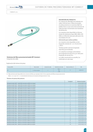 127
Componentes ópticos de Brand-Rex - Conectores /Adaptadores
Conectores Ópticos ST, FC
FOCSTEPMM001
FOCSTEPSM001
FOCFCEPSM001
BHCSTMM001
BHCSTSM001
BHCFCSM001
ST - Multimodo
Monomodo ST
Monomodo FC-PC
Conector Adaptador
Código
Adaptador ST:
Los adaptadores sT están formados por un cuerpo troquelado de zinc
chapado con níquel y un manguito de alineación de precisión.
Ambos son estándar y compatibles con orificio doble“D’.
Multimodo con manguito de metal. Monomodo con manguito de cerámica.
Cumple la normativa BE EN 61754-2
Pérdida máxima de inserción: MM - 0,3dB, sM - 0,1dB
Adaptador FC:
níquel ajustado a un manguito de alineación de precisión. son estándar
y compatibles con los orificios simples y dobles“D’.
Cumple la normativa BS EN 61754-13
Pérdida máxima de inserción: sM - 0,1dB
Conector ST:
Los kits de conectores sT están formados por un cuerpo de acoplamiento
de zinc chapado con níquel, una regata de cerámica de precisión,
un manguito de bucle, 2 cebadores liberadores de tensión de 3mm
codificados con colores y un recubrimiento aislante de 0,9mm. Cumple la
normativa BS EN 61754-2
Código de colores del accesorio amortiguador: MM - Rojo, negro
sM - Amarillo, negro Pérdida típica por inserción: MM - 0,2dB, sM - 0,15dB
Pérdida mínima de retorno: sM 45dB
Conector FC-PC:
Los kits de conectores simples FC-PC están formados por un cuerpo
de latón chapado con níquel, una regata de cerámica de precisión, un
manguito de bucle dentado, 2 accesorios amortiguadores codificados
con colores y un recubrimiento aislante de 0,9mm.
Cumple la normativa BS EN 61754-13
Código de colores del accesorio amortiguador: sM - Amarillo, negro
Pérdida típica por inserción: sM - 0,15dB
Pérdida mínima de retorno: sM 45dB
S I S T E M A S Ó P T I CO S
 