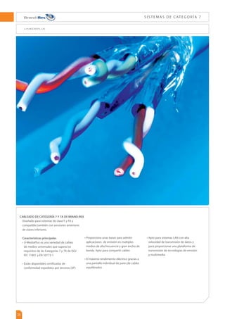 ƮB.)[
5dB
20%
20dB
20dB
15dB
15dB
NA
NA
5dB
20%
20dB
20dB
15dB
15dB
20dB
20dB
NA
NA
35dB
20dB
* Relación entre Atenuación de suma de potencias y Atenuación de diafonía
ajena (paradiafonía)El funcionamiento de diafonía ajena de los cables se
calcula mediante un método de“6 alrededor de 1”o“4 en un tambor”.
Revestimiento
$JOUB*15
Aislamiento de poliolefina
26 AWG PACW
Hilo de drenaje TACW
Características de las piezas del producto
Longitud (m)
Tipo de
cable
Color
Diámetro del
cable nominal
(mm)
Peso
nominal
(Kg/Km)
Valor
caloríﬁco
kWh/m
Normativa de
seguridad
contra incendios
Número de pieza
AC6-DCZ-500VT
AC6-DCZ-1000VT
AC6-DCZ-500GY
AC6-DCZ-1000GY
500
1000
500
1000
LSHF
LSHF
Violeta
Gris
5,6
5,4
33
33
0,08
0,08
IEC 60332-1-2
IEC 60332-1-2
Certificados de conformidad expedidos
por terceros (3P)
DESCRIPCIÓN DEL PRODUCTO
(1MVT6'51
Ʈ
YY8(FTVODBCMF
EFQSJNFSBDBMJEBEEFDMBTF$BUFHPSÓB
aumentada, compatible con el protocolo Ethernet
de 10 Gigabits para el uso en un entorno de
Data Center.
RENDIMIENTO DEL PRODUCTO
Componentes principales
Conductor: Hilo de cobre templado
simple 26 AWG
Aislamiento: Poliolefina celular
Diámetro: 1,0mm nominal
Par: 2 de los componentes
principales anteriores
Cinta aislante: Par individual envuelto
con cinta de poliéster de
aluminio, con el lado de
metal aplicado hacia afuera
Par de colores: Azul-Blanco, Naranja-Blanco,
Verde-Blanco, Marrón-Blanco
Montaje final
Cable: 4 de los pares
apantallados anteriores
Hilo de drenaje: Hilo de cobre templado
estañado de 0,5mm
Cubierta: Compuesto de LSHF
Condiciones ambientales y mecánicas
Temperatura-Instalación: de 0°c a +50°c
Temperatura-Funcionamiento: de -20°c a +75°c
Máxima tensión de carga:
10kg por cable símplex
(instalación)
Radio mínimo de curvatura:
8 x Diámetro externo
(instalación) 4 x Diámetro
externo (funcionamiento)
Los cables sin halógeno (LSHF) cumplen los
requisitos de IEC 60754-2 e IEC 61034
 