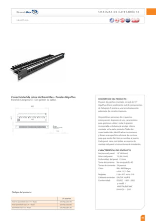 ƮB.)[
.ÈYNƮNB.)[
Mín. 55 dB
1 4 10 16 20 31.25 62.5 100 155 200 250 300 600
2.1
1.9
66.0
100.0
64.0
97.0
66.0
90.0
64.0
88.0
23.0
30.0
96.5
93.5
3.8
3.5
65.3
100.0
63.3
97.0
58.0
89.0
55.0
86.0
23.0
30.0
96.5
93.5
6.0
5.5
59.3
100.0
57.3
97.0
50.0
85.0
47.0
82.0
25.0
30.0
94.5
91.5
7.6
7.0
56.2
100.0
54.2
97.0
45.9
81.0
42.9
78.0
25.0
30.0
93.0
90.0
8.5
7.8
54.8
100.0
52.8
97.0
44.0
76.0
41.0
73.0
25.0
30.0
92.2
89.2
10.7
9.9
51.9
100.0
49.9
97.0
40.1
72.0
37.1
69.0
23.6
27.0
90.1
87.1
15.5
14.1
47.4
100.0
45.4
97.0
34.1
67.0
31.1
64.0
21.5
25.0
85.5
82.9
19.9
18.0
44.3
100.0
42.3
97.0
30.0
60.0
27.0
57.0
20.1
24.0
82.0
79.0
25.3
22.7
41.4
100.0
39.4
97.0
26.2
52.0
23.2
49.0
18.8
22.0
77.3
74.3
29.1
26.1
39.8
100.0
37.8
97.0
24.0
50.0
21.0
47.0
18.0
21.0
74.0
71.0
33.0
29.4
38.3
95.0
36.3
92.0
22.0
49.0
19.0
46.0
17.3
20.0
65.6
62.6
na
32.5
na
90.0
na
87.0
na
40.0
na
37.0
na
19.0
57.5
54.5
na
47.6
na
90.0
na
87.0
na
35.0
na
32.0
na
17.0
42.4
39.4
Frecuencia (MHz)
Pérdida por
inserción (dB/100m)
Especificación
Típico
NEXT (dB)
PSNEXT (dB)
ELFEXT (dB/100m)
PSELFEXT (dB/100m)
Pérdida por
retorno (dB/100m)
Típico
Típico
ACR (dB/100m)
PSACR (dB/100m)
Especificación
Típico
Especificación
Típico
Especificación
Típico
Especificación
Típico
Especificación
Típico
Códigos del producto
Longitud (m)
Tipo de
cable
Color
Diámetro del
cable nominal
(mm)
Peso
nominal
(Kg/Km)
Valor
caloríﬁco
kWh/m
Normativa de
seguridad
contra incendios
Número de pieza
$''51)'75
$''51)'75
$''51)'%75
$''51)'%75
$''51)'#6
$''51)'#6
500
1000
500
1000
500
1000
LSHF
LSHF
LSHF
Violeta
Violeta
Azul
IEC 60332-1-2
IEC 60332-1-2
IEC 60332-3-24
7,2
14,5 x 7,2
7,6
51
102
60
0,13
0,26
0,15
 